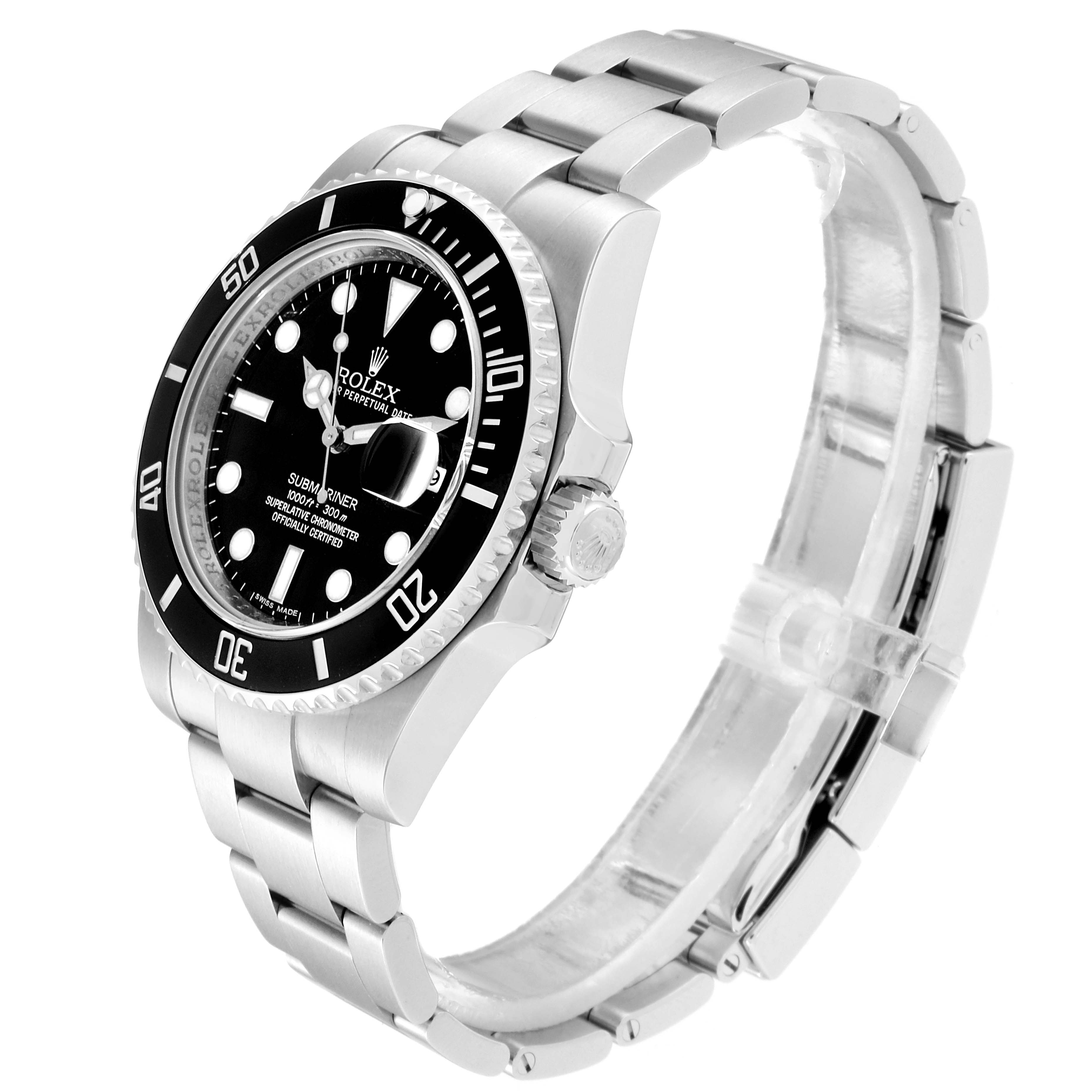This image shows a Rolex Submariner 116610 Men
s Stainless Steel Black Dial 116610 Men
s Stainless Steel Black Dial watch from a side angle, highlighting the bezel, crown, and bracelet.