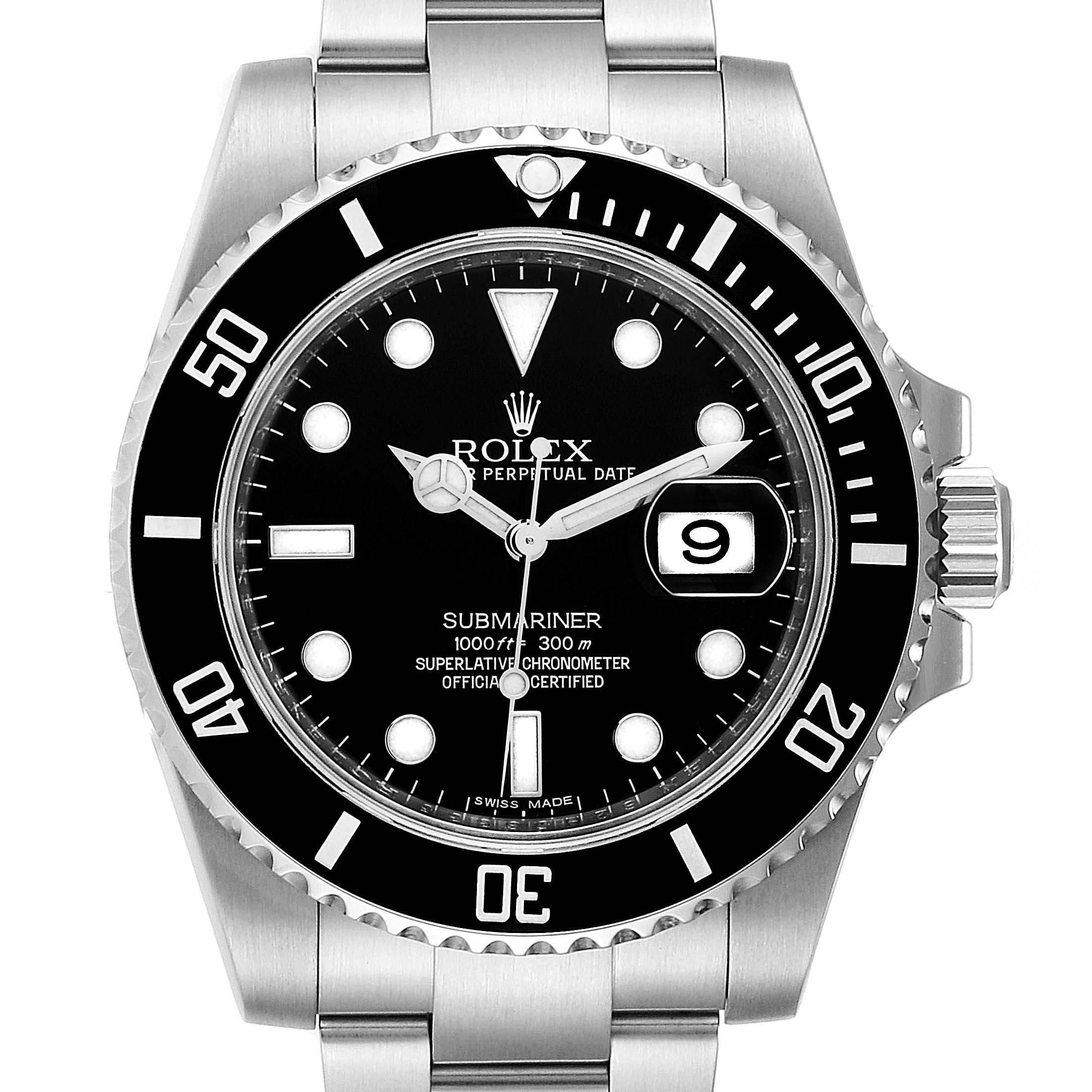 The image shows a front view of a Rolex Submariner 116610 Men
s Stainless Steel Black Dial 116610 Men
s Stainless Steel Black Dial watch, highlighting its black dial, date window, and stainless steel bracelet.