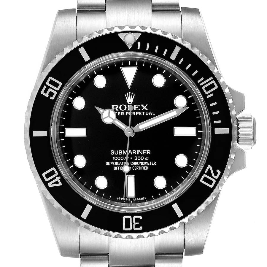 The image shows a Rolex Submariner watch from a front angle, highlighting the dial, bezel, and part of the bracelet.