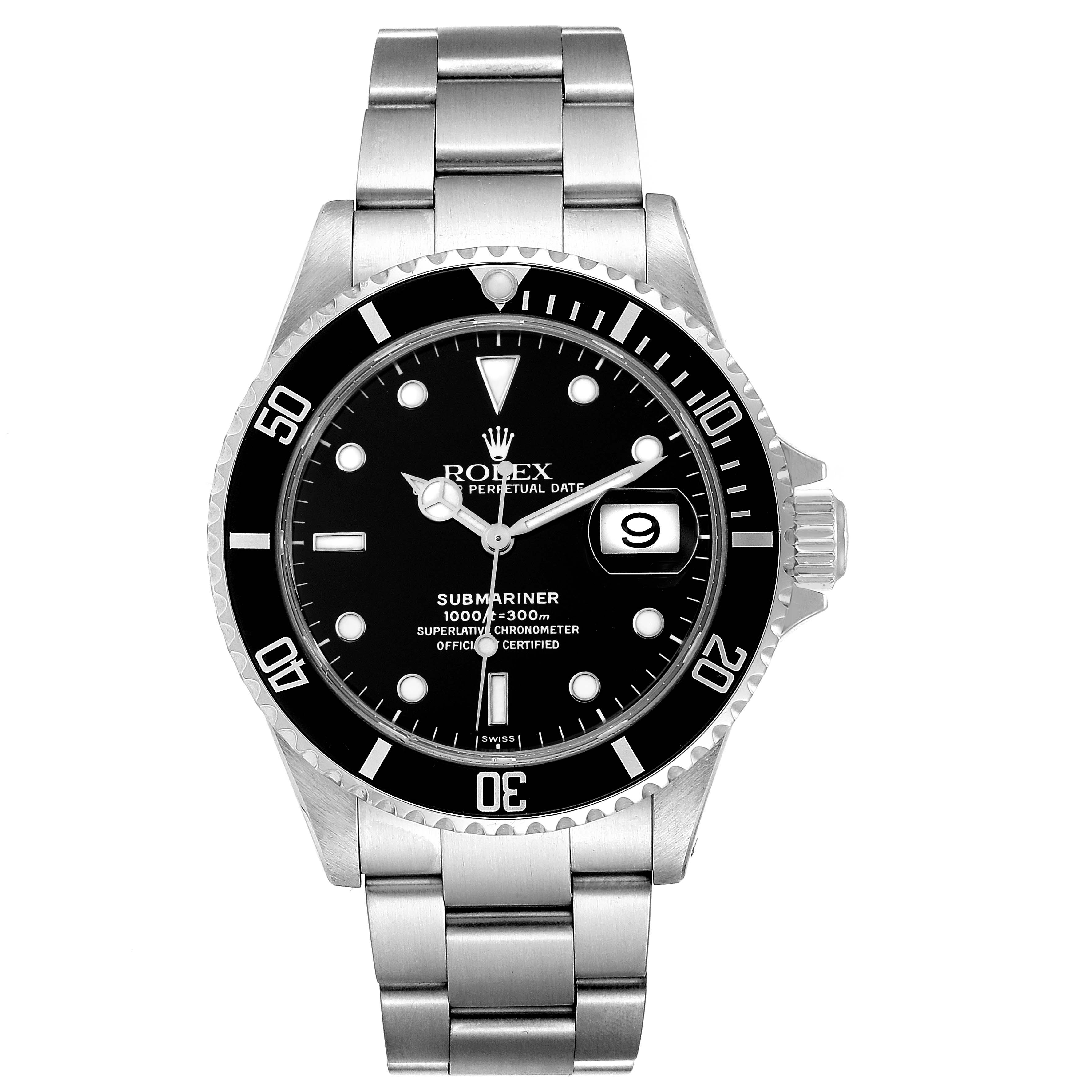 The image shows a front view of the Rolex Submariner 16610 Men
s Stainless Steel Black Dial 16610 Men
s Stainless Steel Black Dial watch, highlighting the bezel, dial, hands, and stainless steel bracelet.