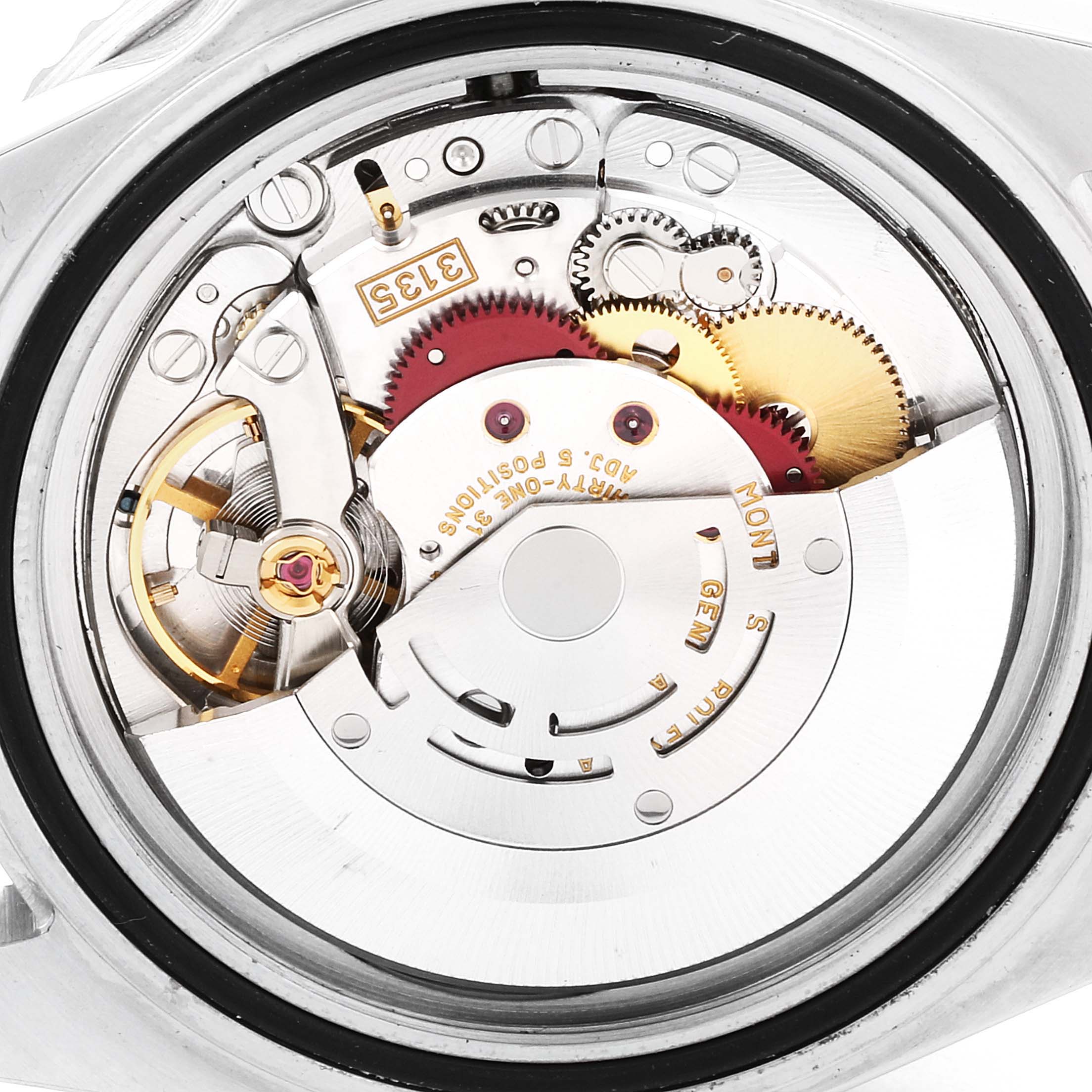 The image shows the intricate inner workings of a Rolex Submariner 16610 Men
s Stainless Steel Black Dial 16610 Men
s Stainless Steel Black Dial watch movement from a close-up, rear angle.