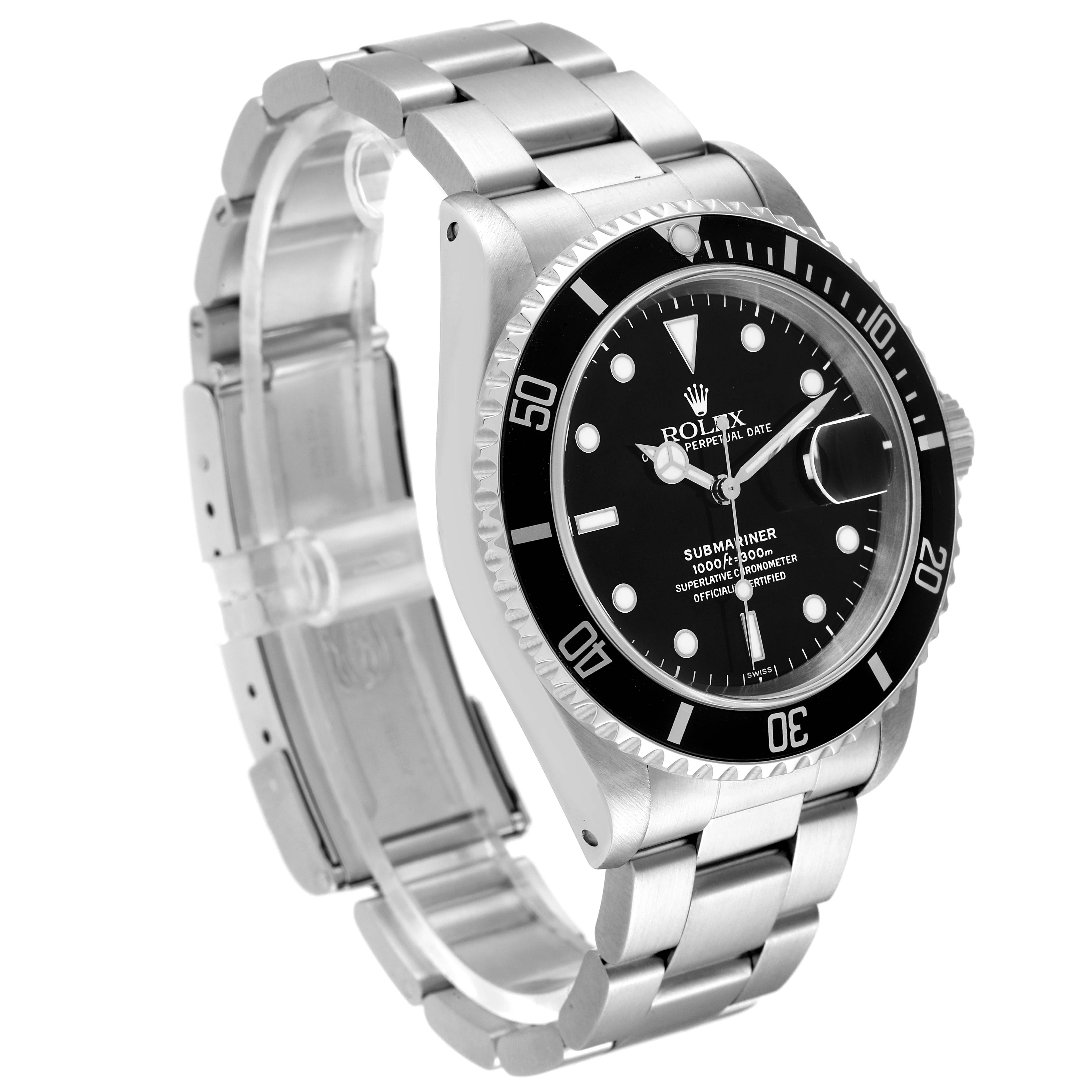 The image shows an angled side view of the Rolex Submariner 16610 Men
s Stainless Steel Black Dial 16610 Men
s Stainless Steel Black Dial watch displaying its face, bezel, and stainless steel bracelet.