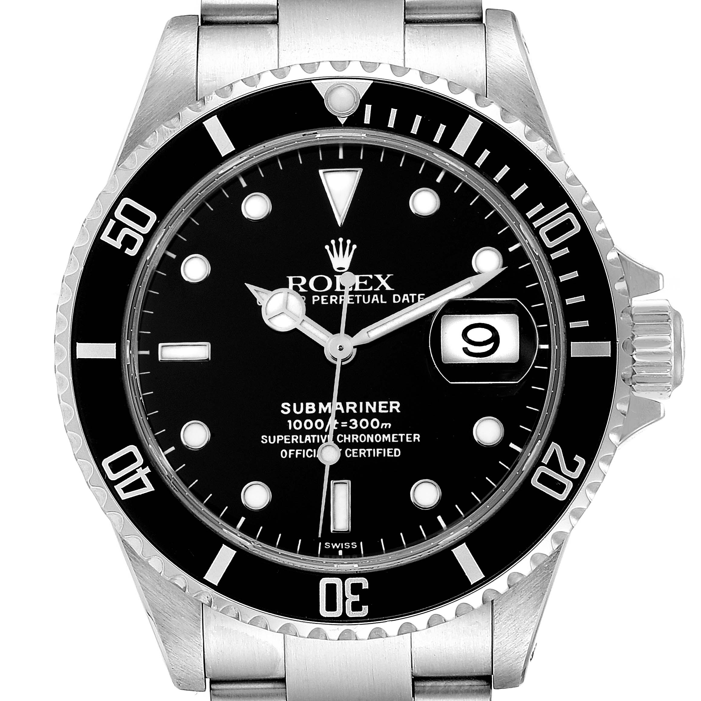 The image shows a front view of the whole dial and bezel of a Rolex Submariner 16610 Men
s Stainless Steel Black Dial 16610 Men
s Stainless Steel Black Dial watch.