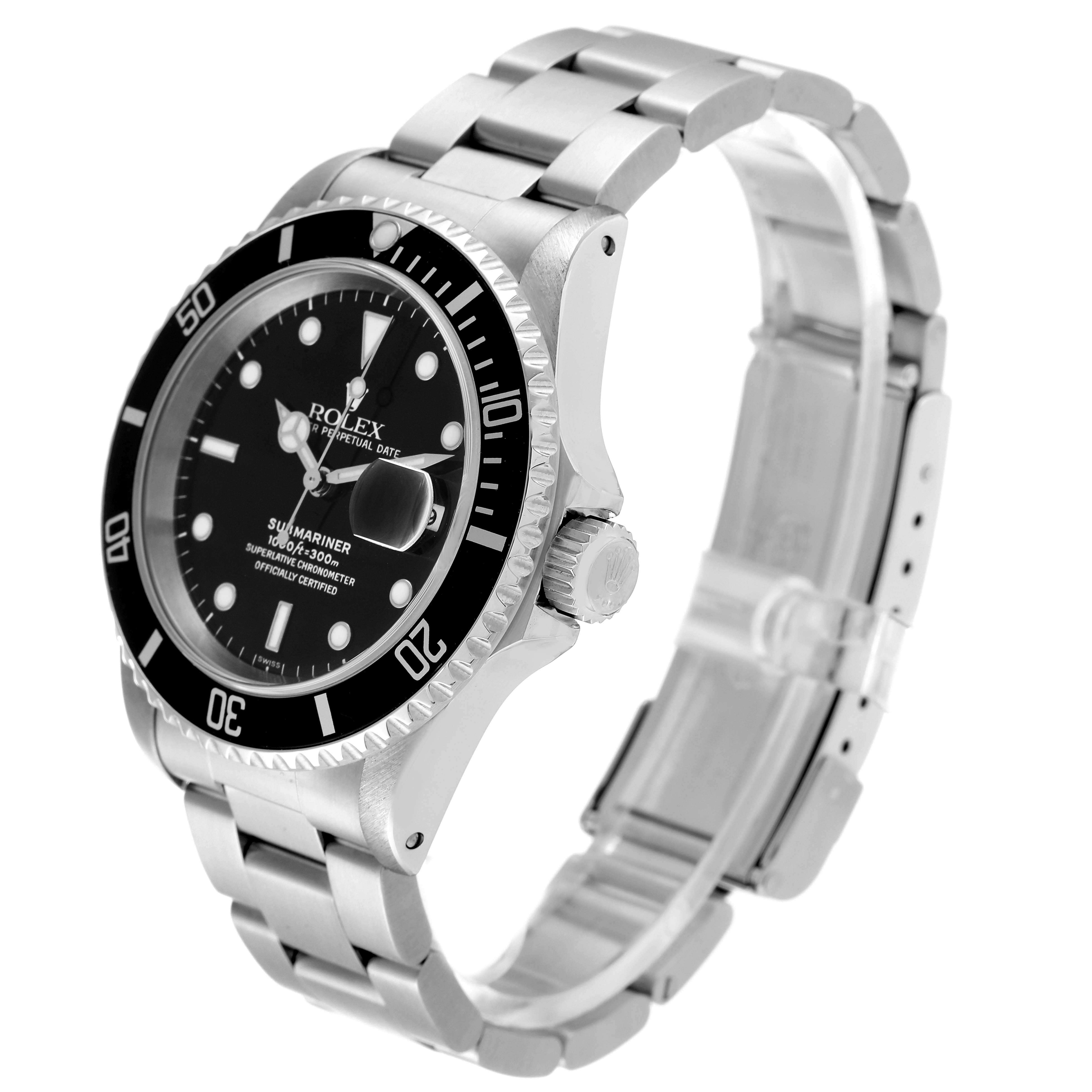 The image shows a Rolex Submariner 16610 Men
s Stainless Steel Black Dial 16610 Men
s Stainless Steel Black Dial watch at a slight angle, highlighting its face, bezel, crown, and metal bracelet.