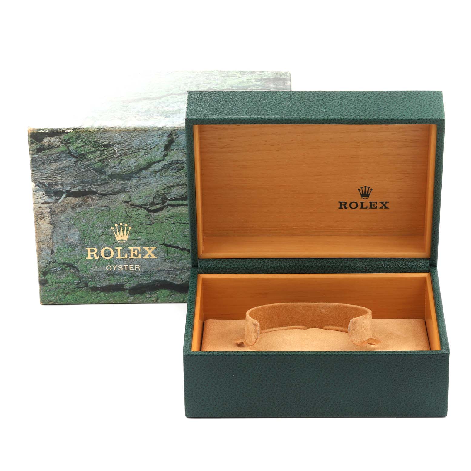 The image shows an open Rolex Submariner 16610 Men
s Stainless Steel Black Dial 16610 Men
s Stainless Steel Black Dial watch box that includes the outer box and inner storage case.
