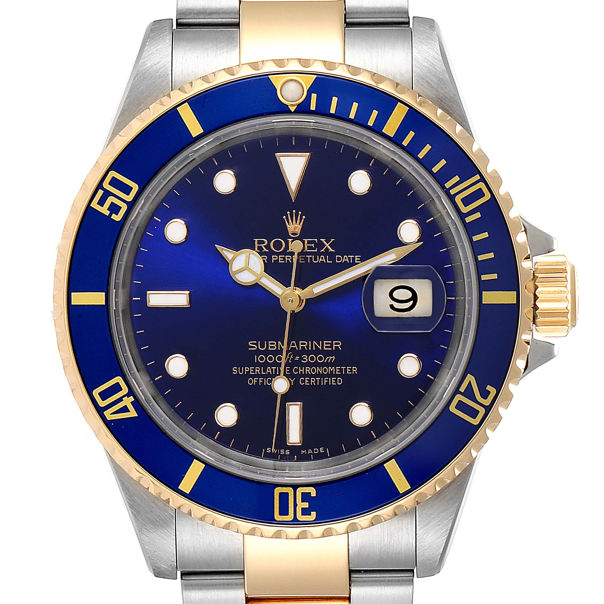 This image shows a front view of a Rolex Submariner 16613 Men
s Steel and Gold (two tone) Blue Dial 16613 Men
s Steel and Gold (two tone) Blue Dial watch with a blue dial and bezel, gold accents, and a metal bracelet.