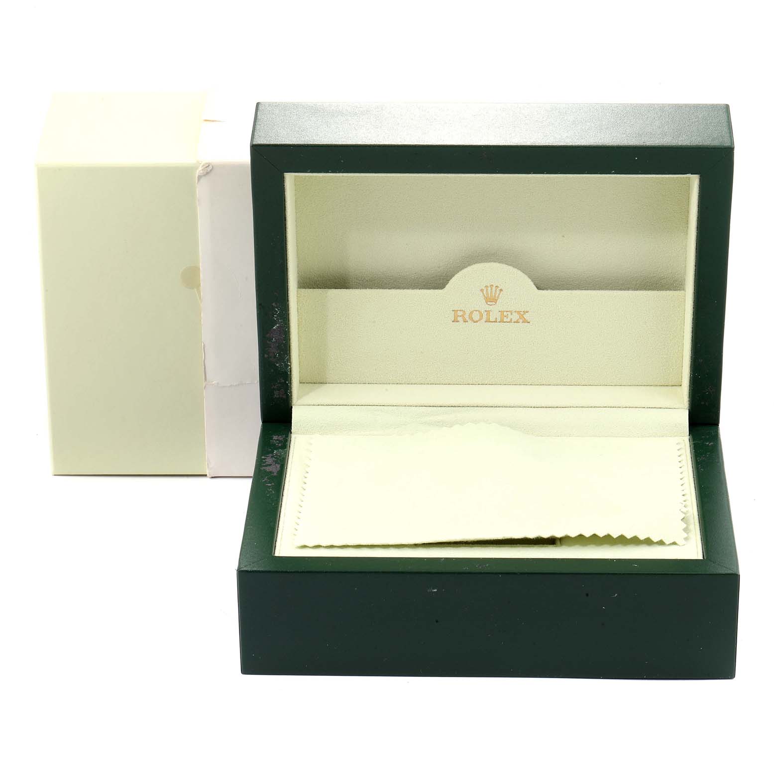 This image shows an empty Rolex Submariner 16613 Men
s Steel and Gold (two tone) Blue Dial 16613 Men
s Steel and Gold (two tone) Blue Dial watch box and its outer packaging, viewed from the front.