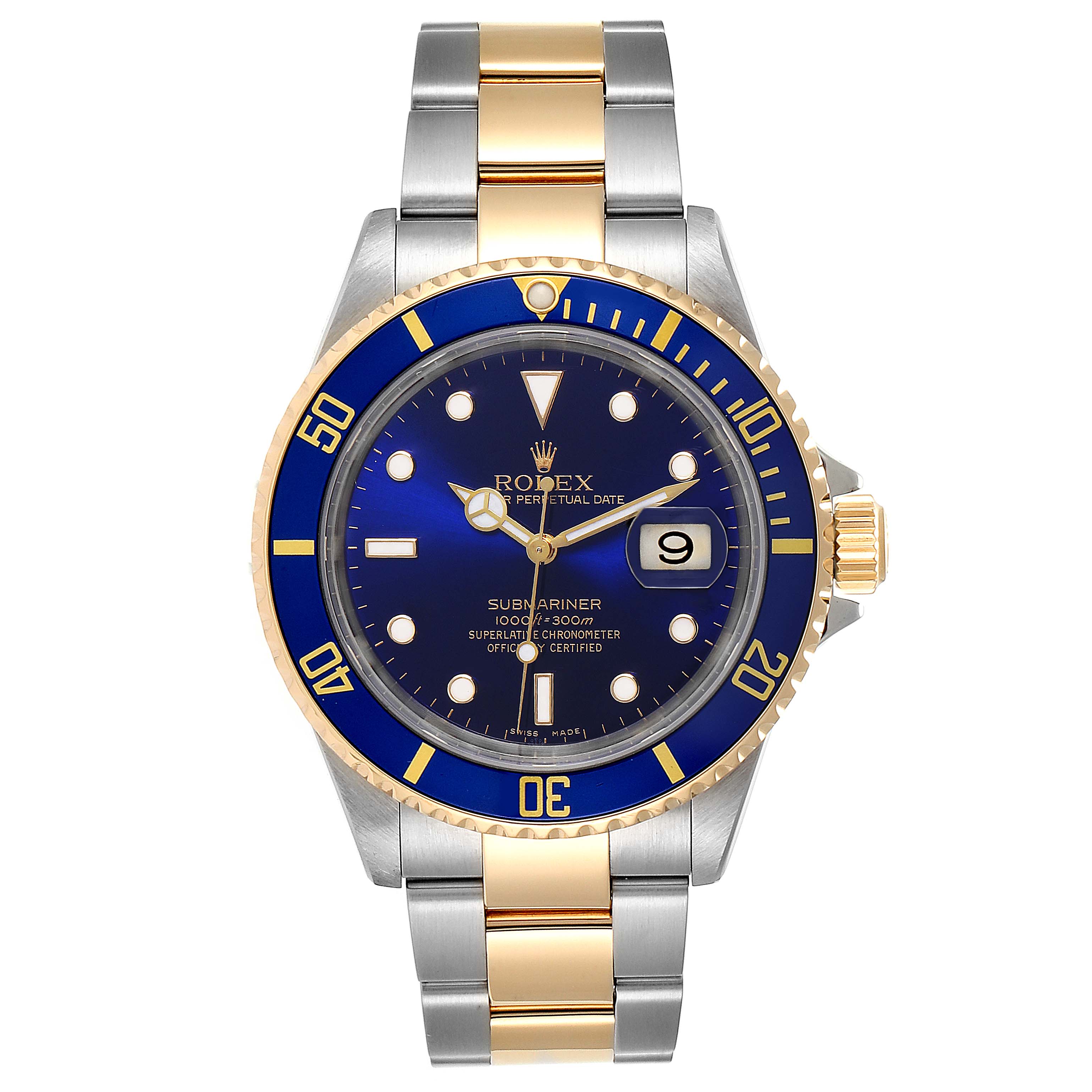 The Rolex Submariner 16613 Men
s Steel and Gold (two tone) Blue Dial 16613 Men
s Steel and Gold (two tone) Blue Dial watch is shown from the front, displaying its blue dial, bezel, and two-tone metal bracelet.
