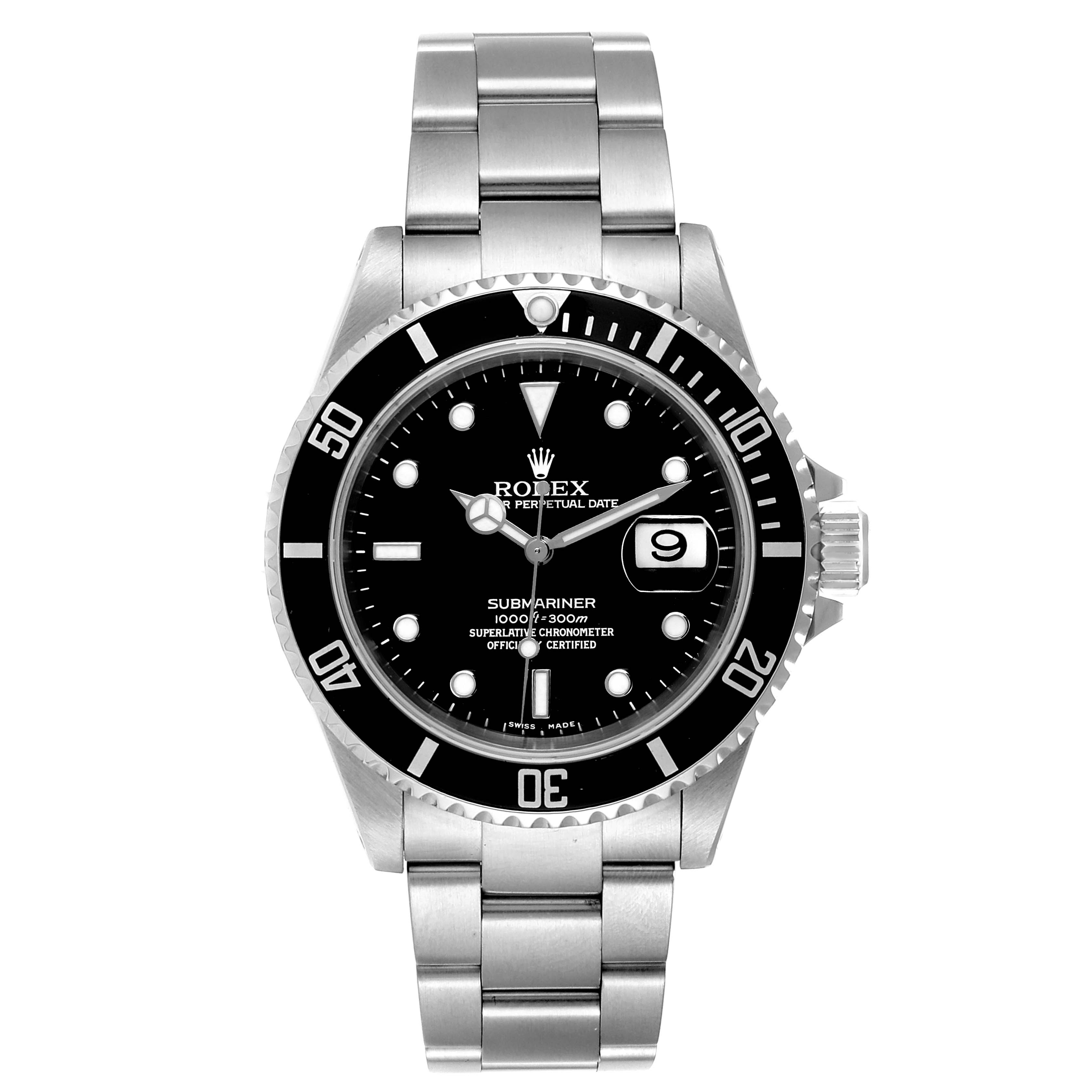 The image shows a Rolex Submariner 16610 Men's Stainless Steel Black Dial 16610 Men's Stainless Steel Black Dial watch from a front angle, displaying the dial, bezel, and bracelet.