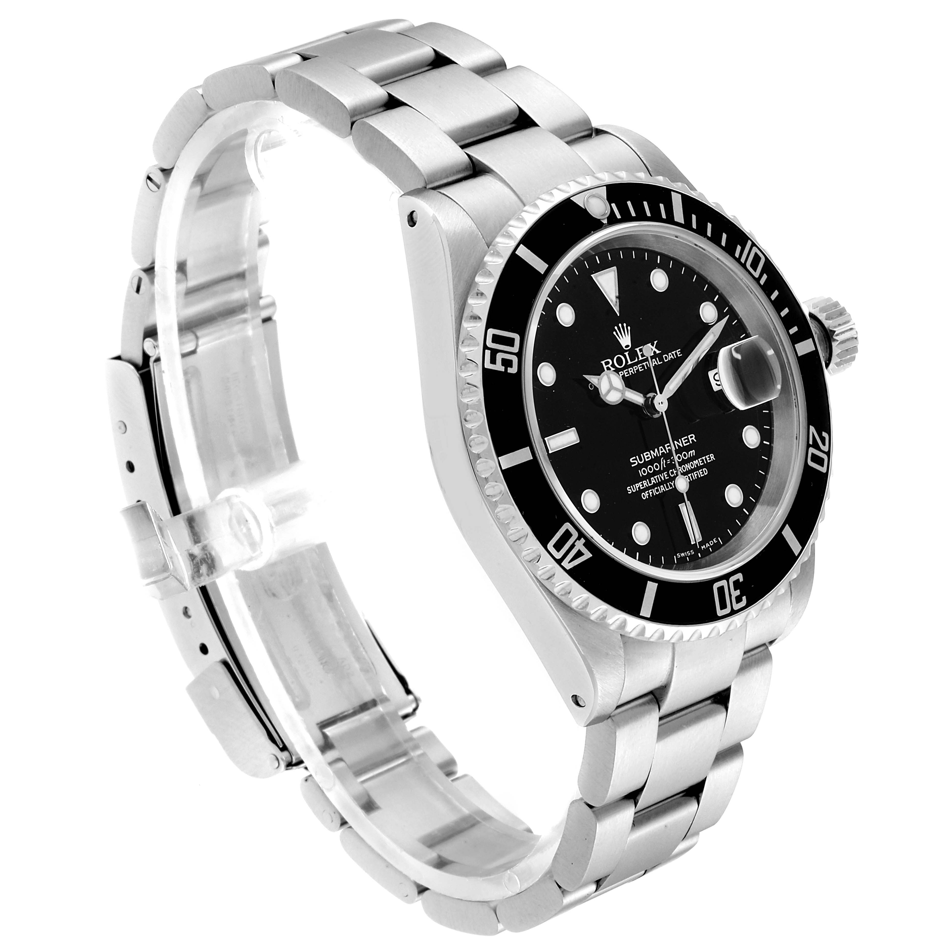 The image shows a side and front angle of a Rolex Submariner 16610 Men's Stainless Steel Black Dial 16610 Men's Stainless Steel Black Dial watch, highlighting its bracelet, bezel, and crown.
