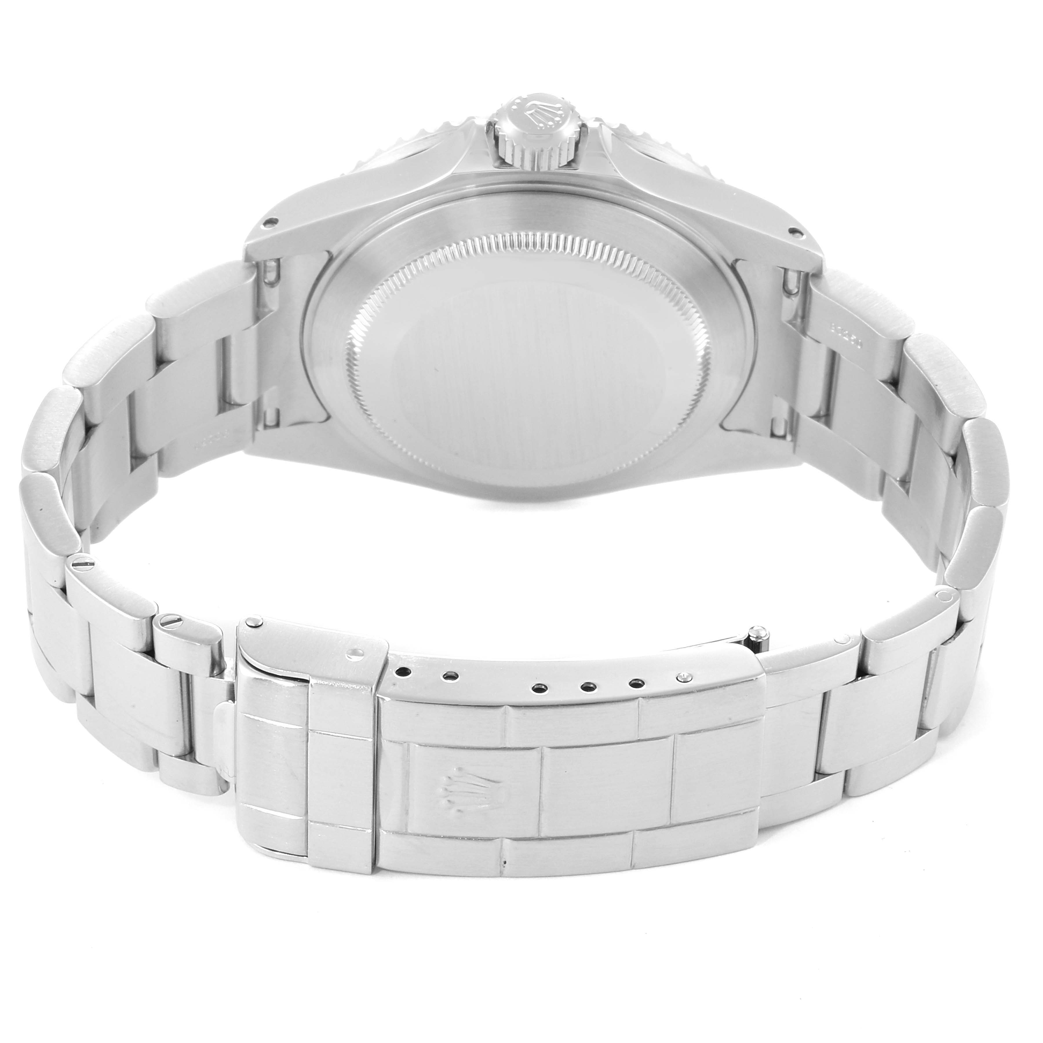 This image shows the back case and bracelet clasp of a Rolex Submariner 16610 Men's Stainless Steel Black Dial 16610 Men's Stainless Steel Black Dial watch from a rear angle.