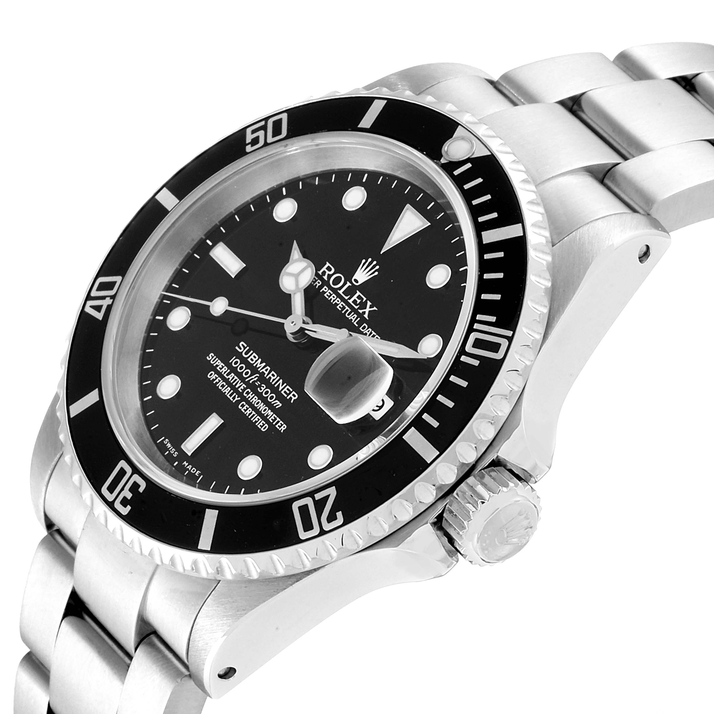 The image shows a side and partial top view of the Rolex Submariner 16610 Men's Stainless Steel Black Dial 16610 Men's Stainless Steel Black Dial, highlighting its bezel, dial, crown, and bracelet.