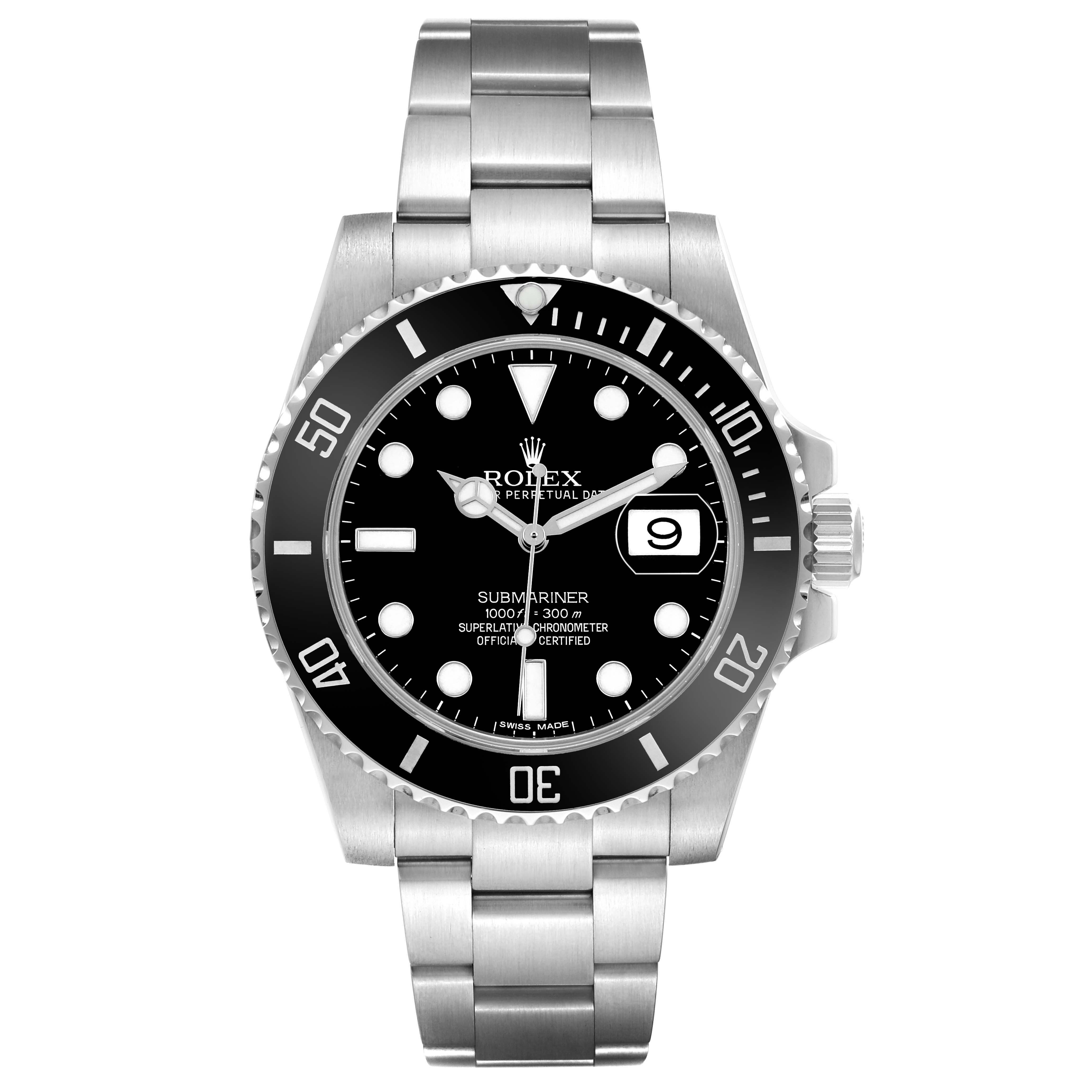 The Rolex Submariner 116610 Men's Stainless Steel Black Dial watch is shown from a top-down angle, displaying its face, bezel, bracelet, and crown.