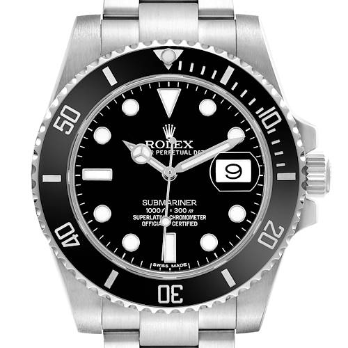 The Rolex Submariner 116610 Men's Stainless Steel Black Dial is shown from the front, highlighting the dial, bezel, date window, and part of the bracelet.