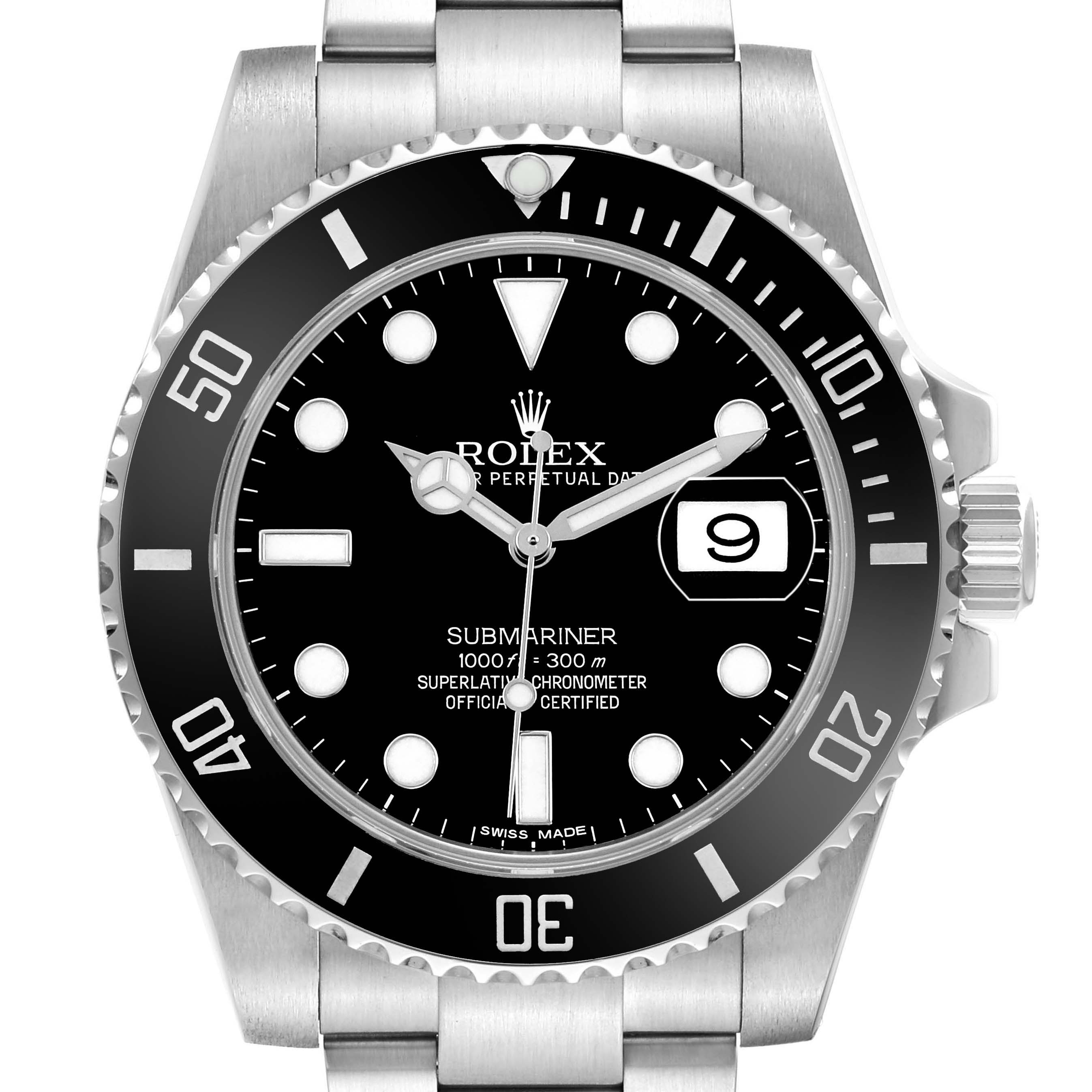 The Rolex Submariner 116610 Men's Stainless Steel Black Dial watch is shown from a front angle, displaying its dial, bezel, and part of the bracelet.