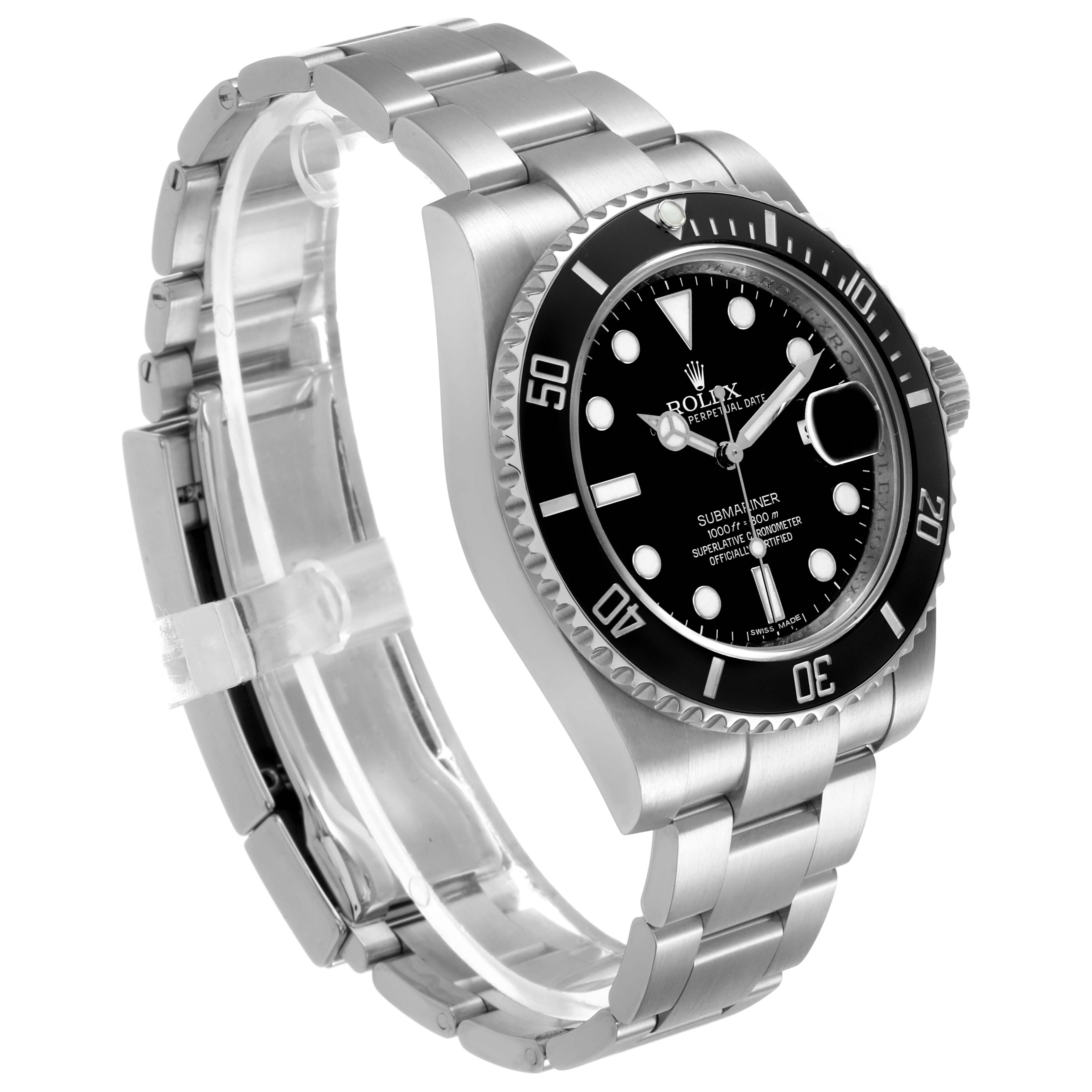 The Rolex Submariner 116610 Men's Stainless Steel Black Dial is shown at a three-quarter angle, highlighting the bezel, face, bracelet, and crown.