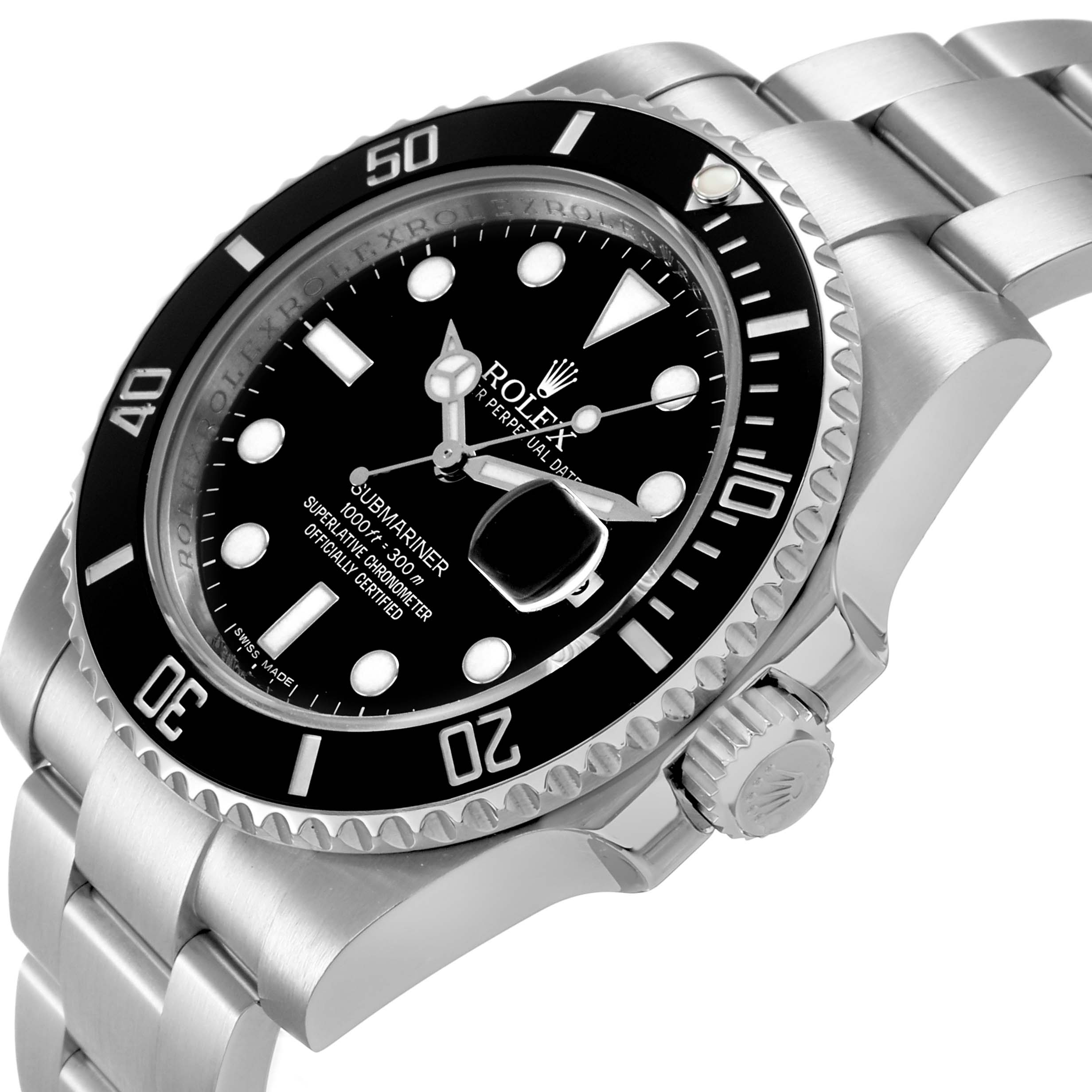 The Rolex Submariner 116610 Men's Stainless Steel Black Dial is shown at a side angle, highlighting the bezel, dial, bracelet, and crown.
