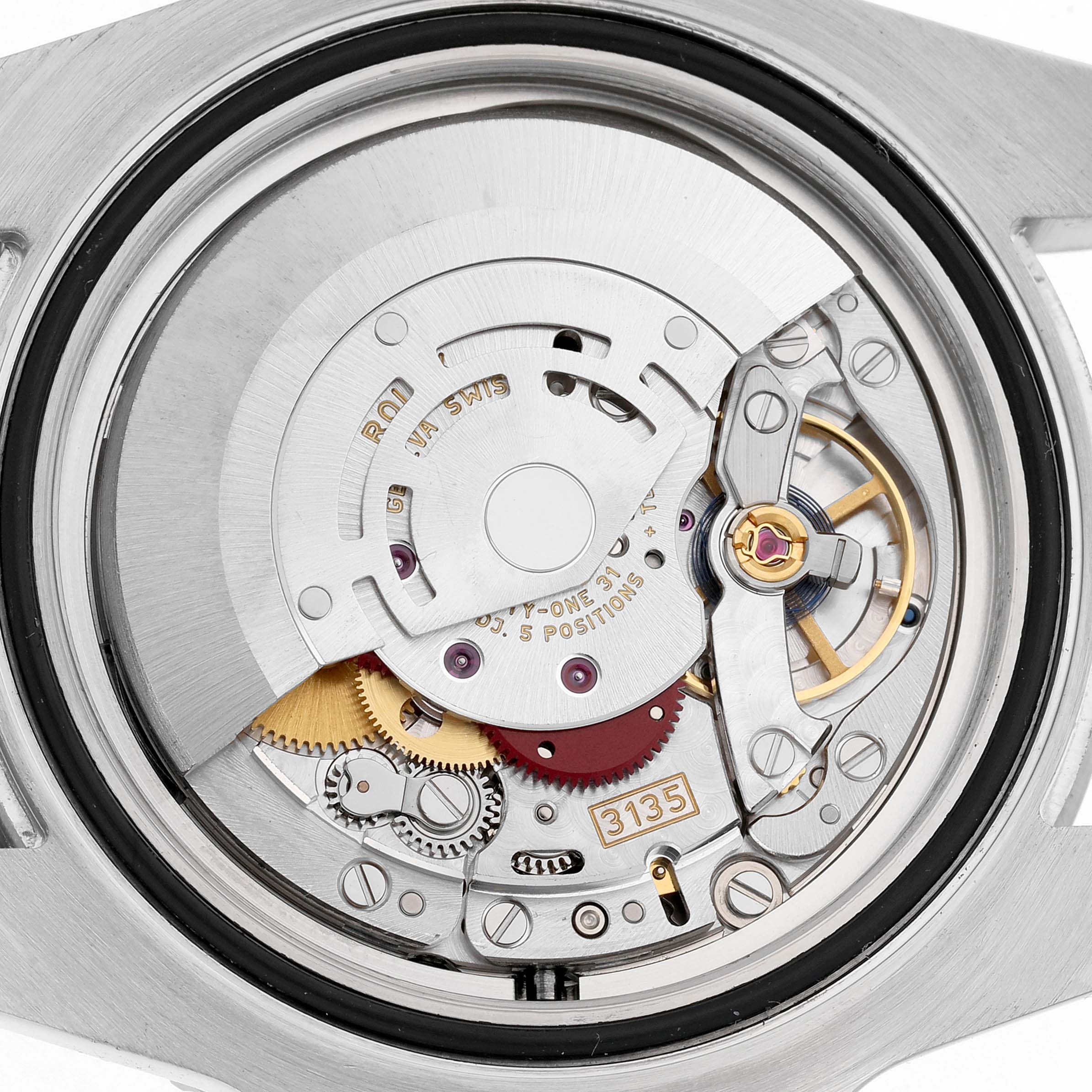 The image shows the intricate movement mechanism of a Rolex Submariner 116610 Men's Stainless Steel Black Dial, viewed from the back.