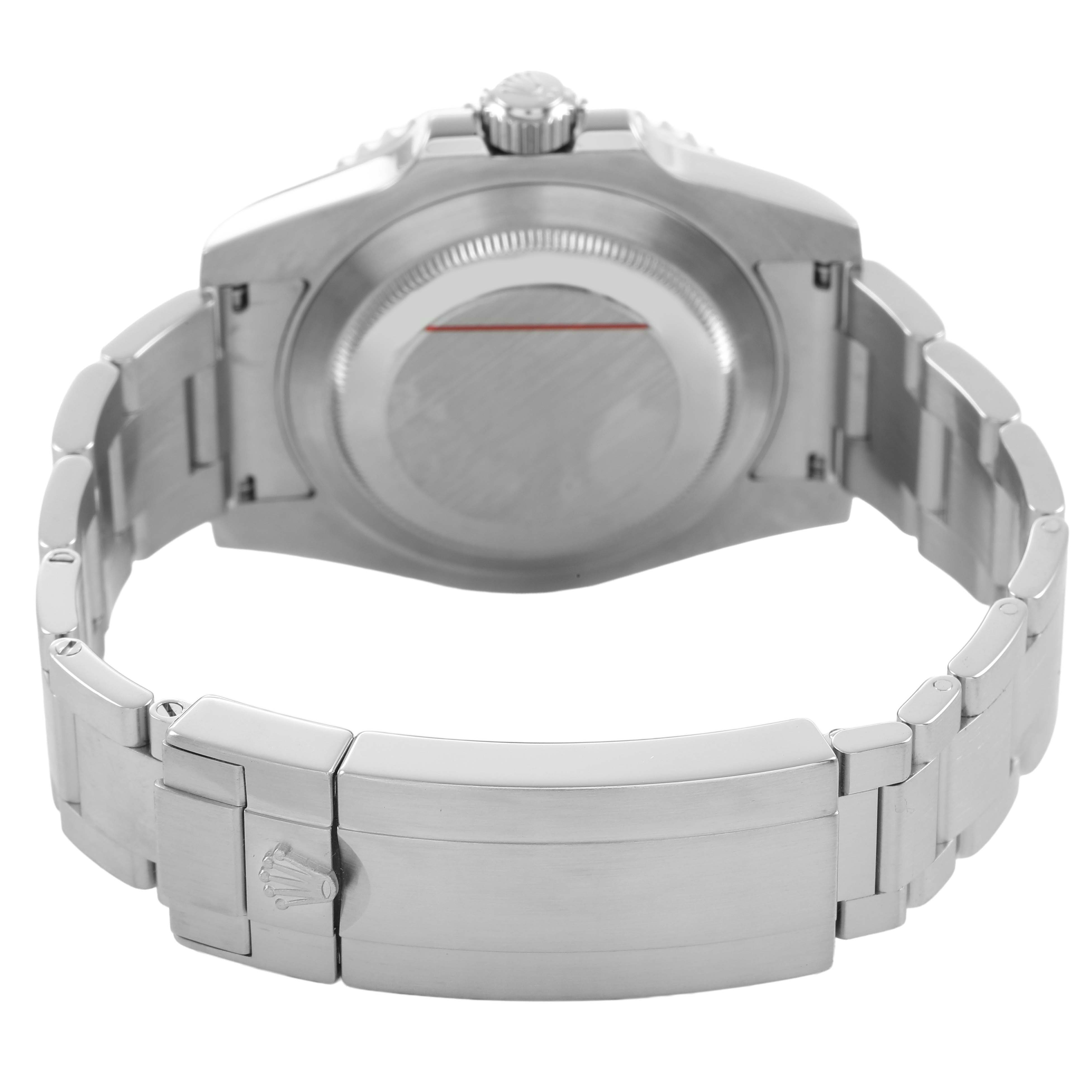 The image shows the back view of a Rolex Submariner 116610 Men's Stainless Steel Black Dial watch, highlighting the case back, bracelet, and clasp.