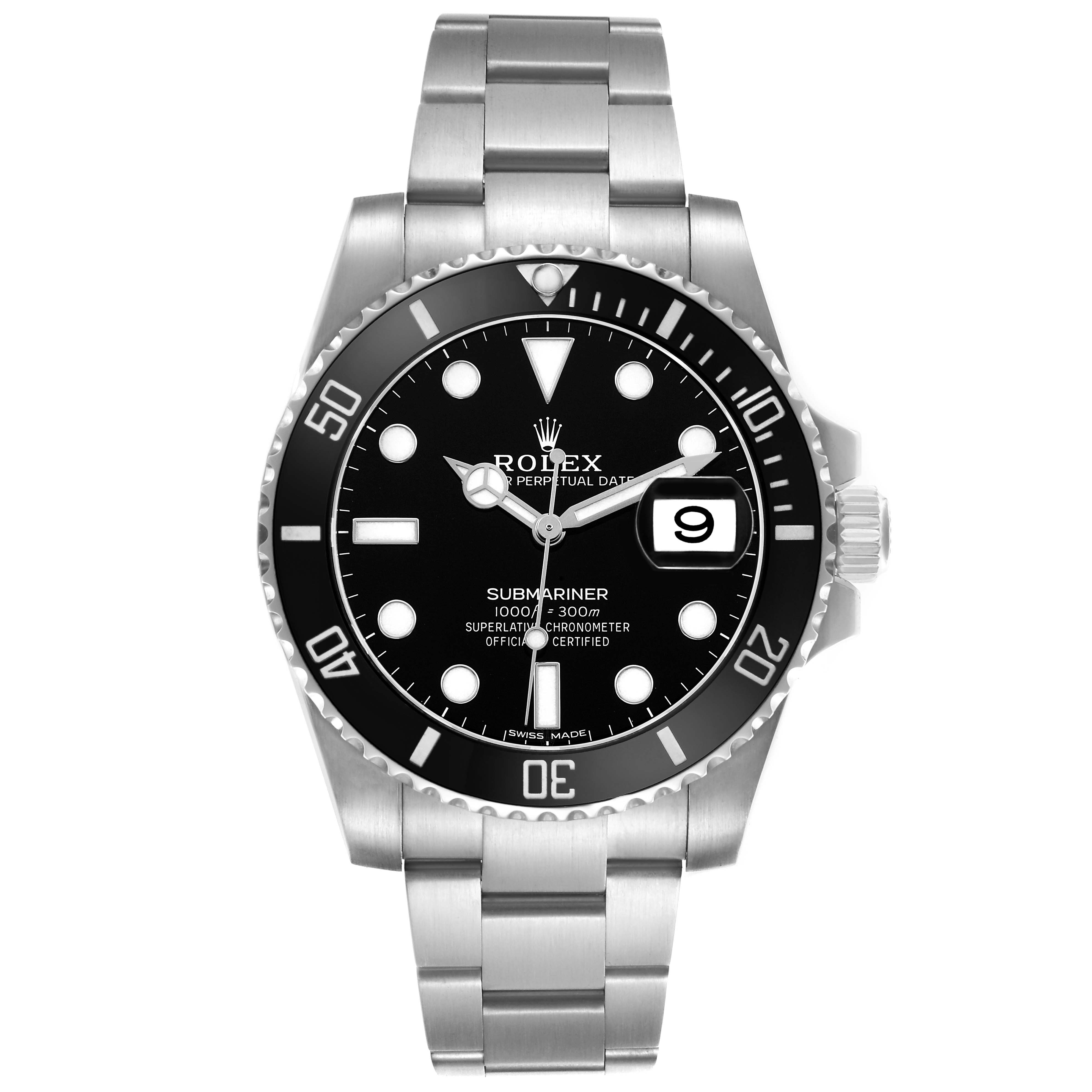 The Rolex Submariner 116610 Men's Stainless Steel Black Dial watch is shown from a front angle, displaying its black dial, bezel, and stainless steel bracelet.