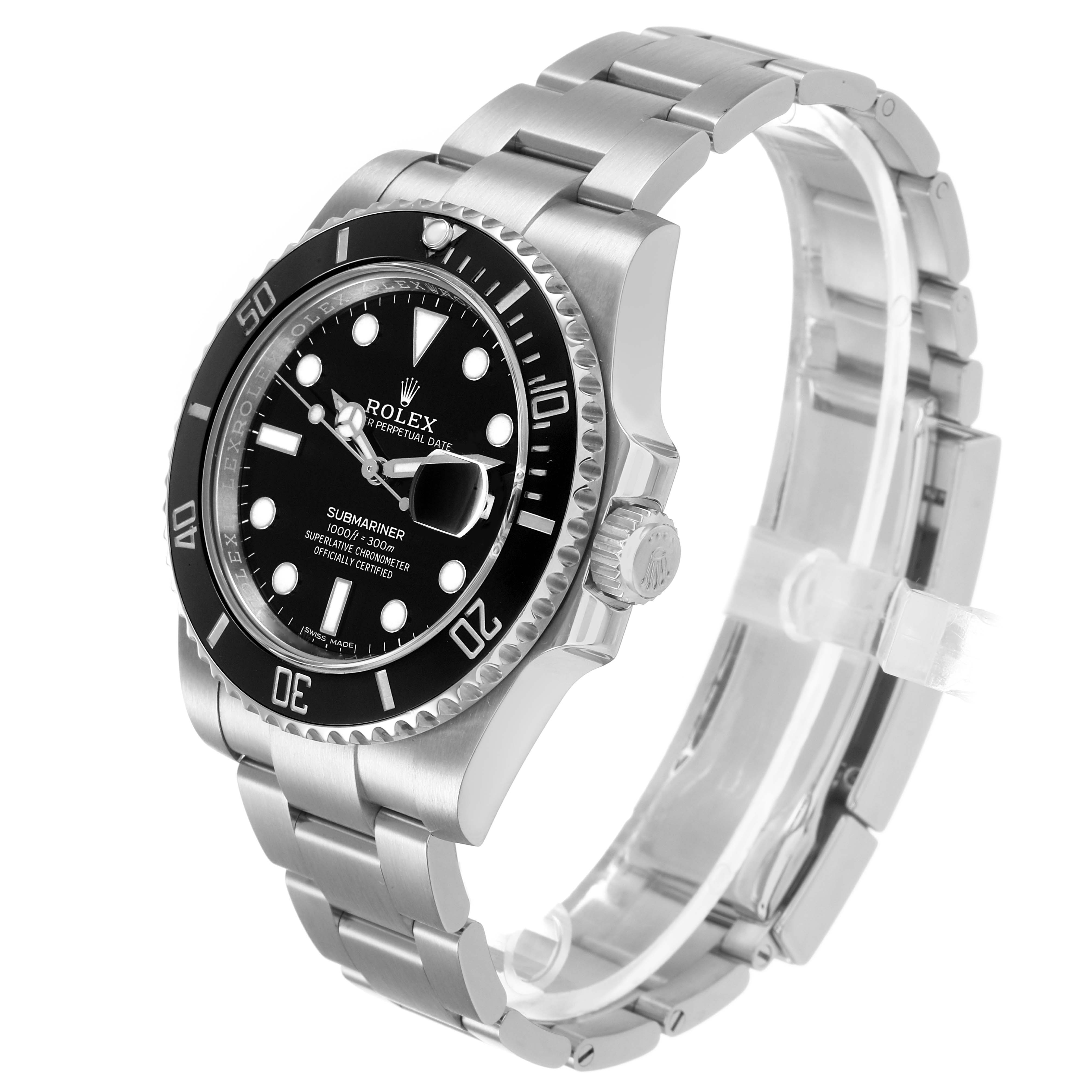The Rolex Submariner 116610 Men's Stainless Steel Black Dial watch is shown at a three-quarter angle, highlighting the face, bezel, crown, and bracelet.