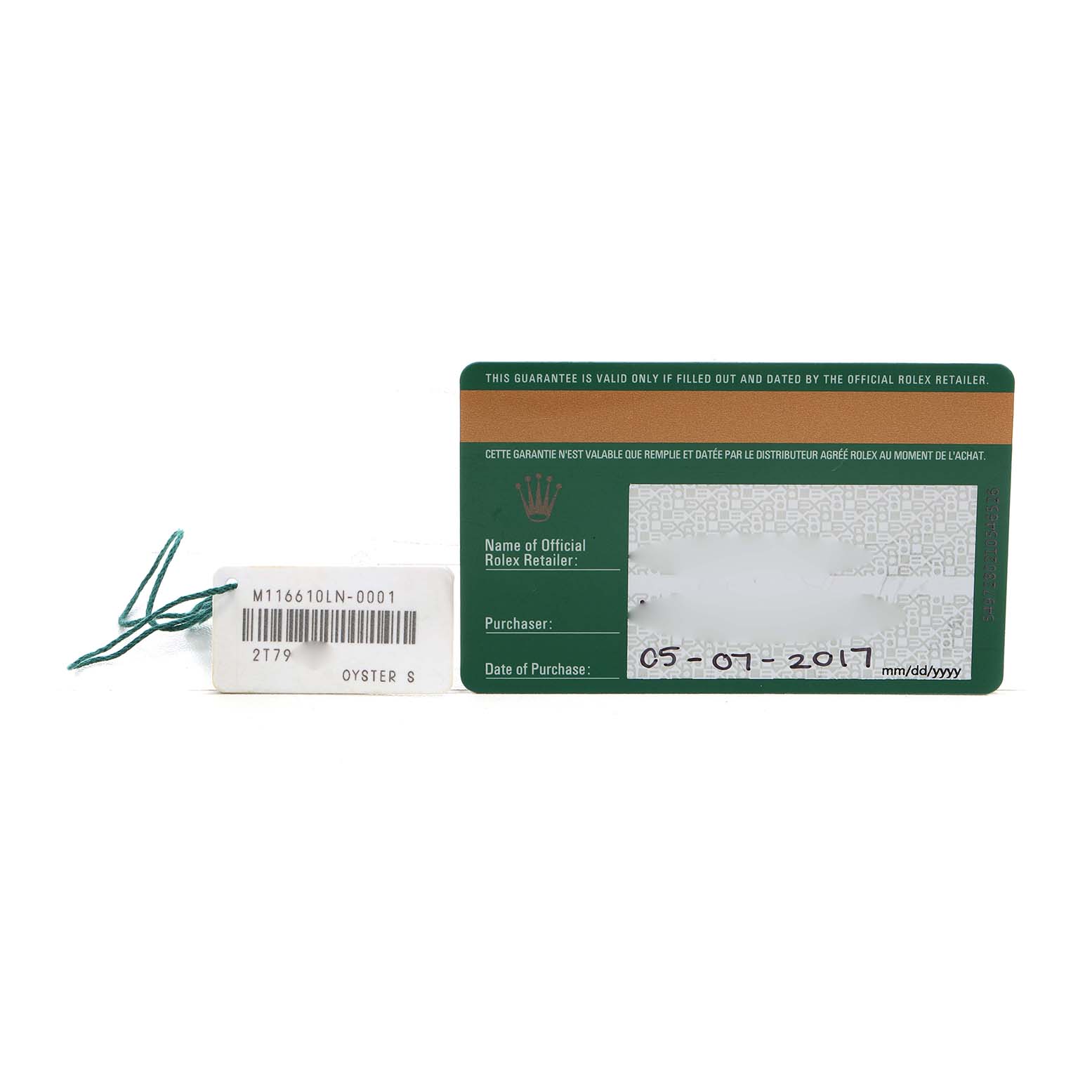 The image shows the warranty card and tag for a Rolex Submariner 116610 Men's Stainless Steel Black Dial, viewed from above.