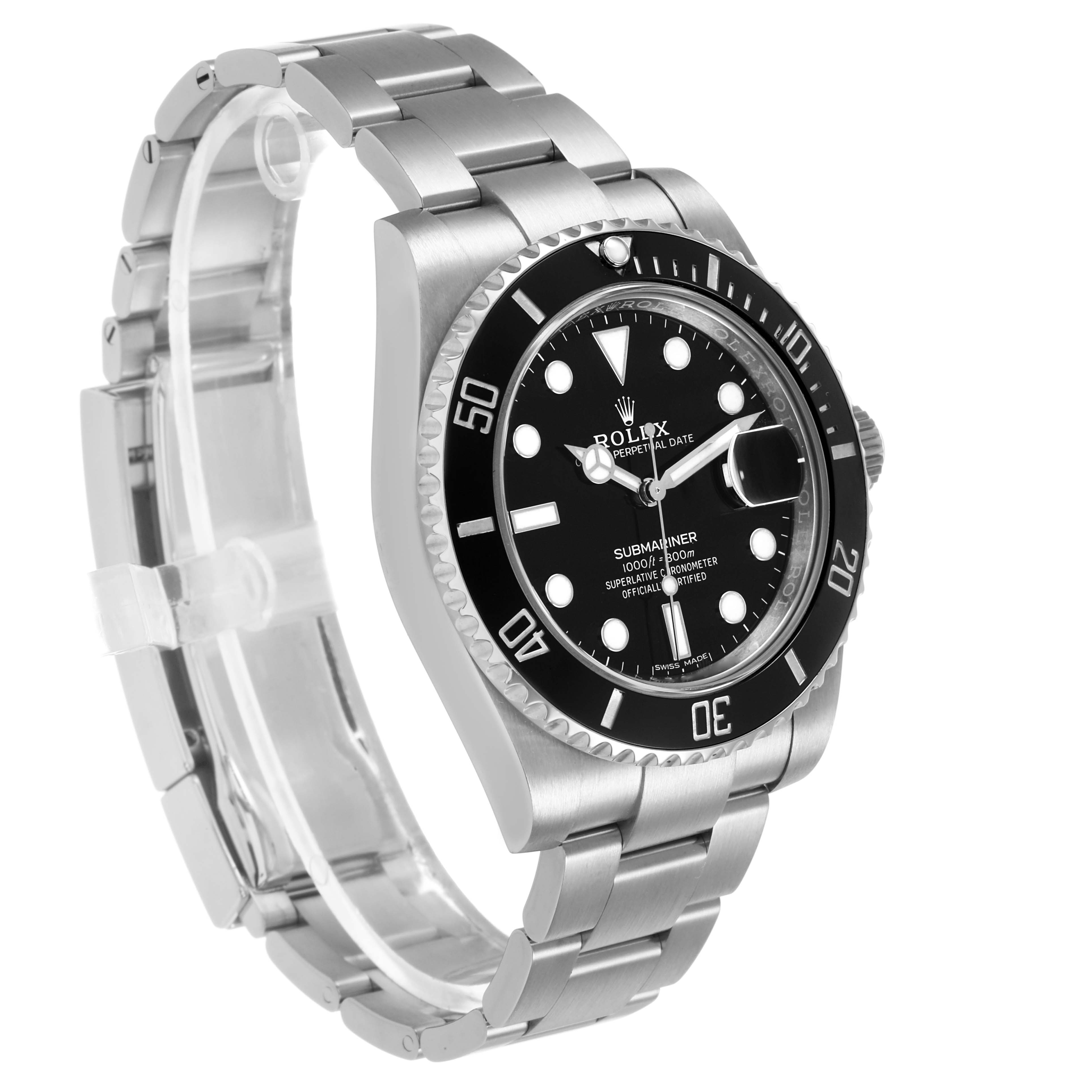 The Rolex Submariner 116610 Men's Stainless Steel Black Dial watch is shown at a side angle, highlighting the bracelet, case, and bezel.