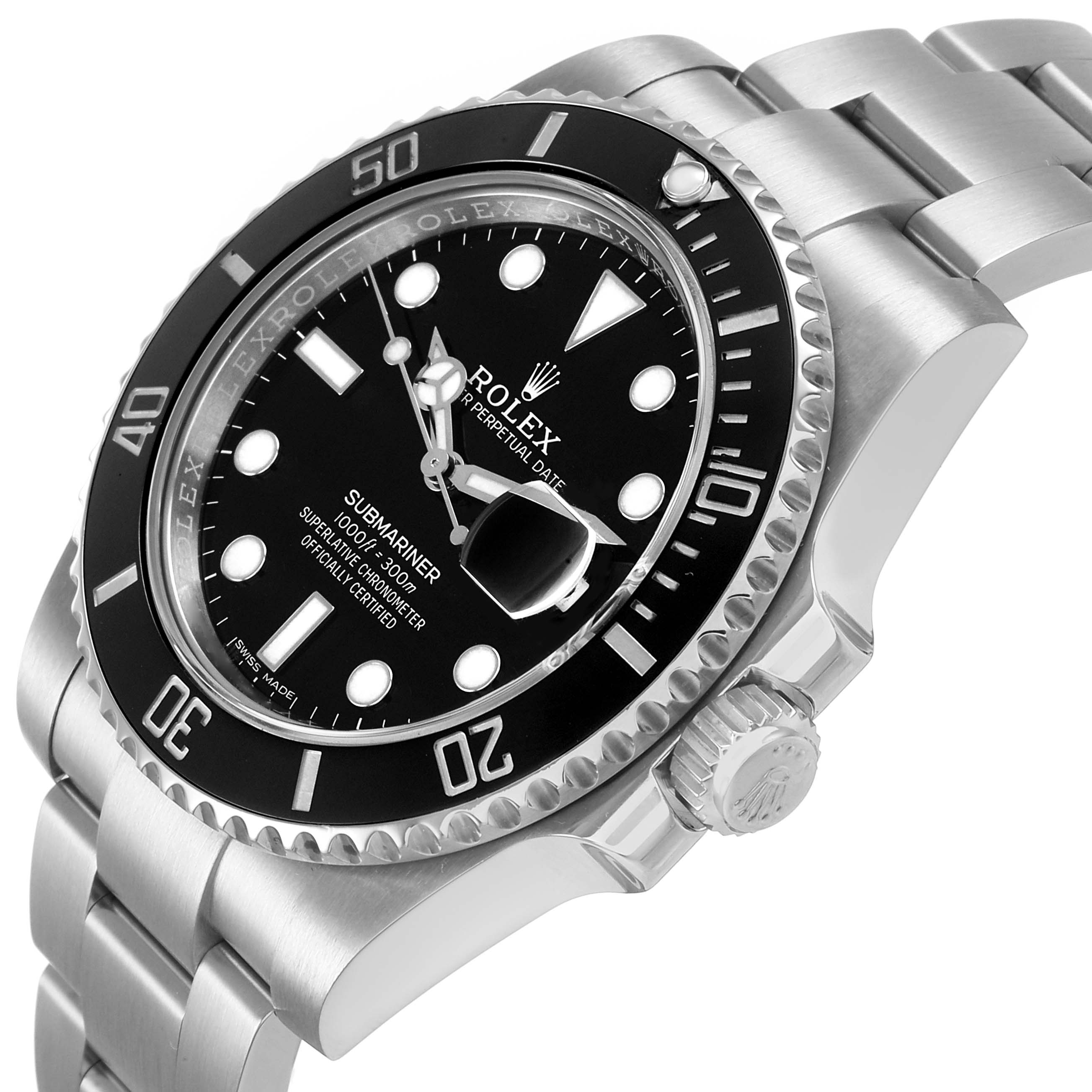 The Rolex Submariner 116610 Men's Stainless Steel Black Dial watch is shown at an angle highlighting the face, bezel, crown, and part of the bracelet.