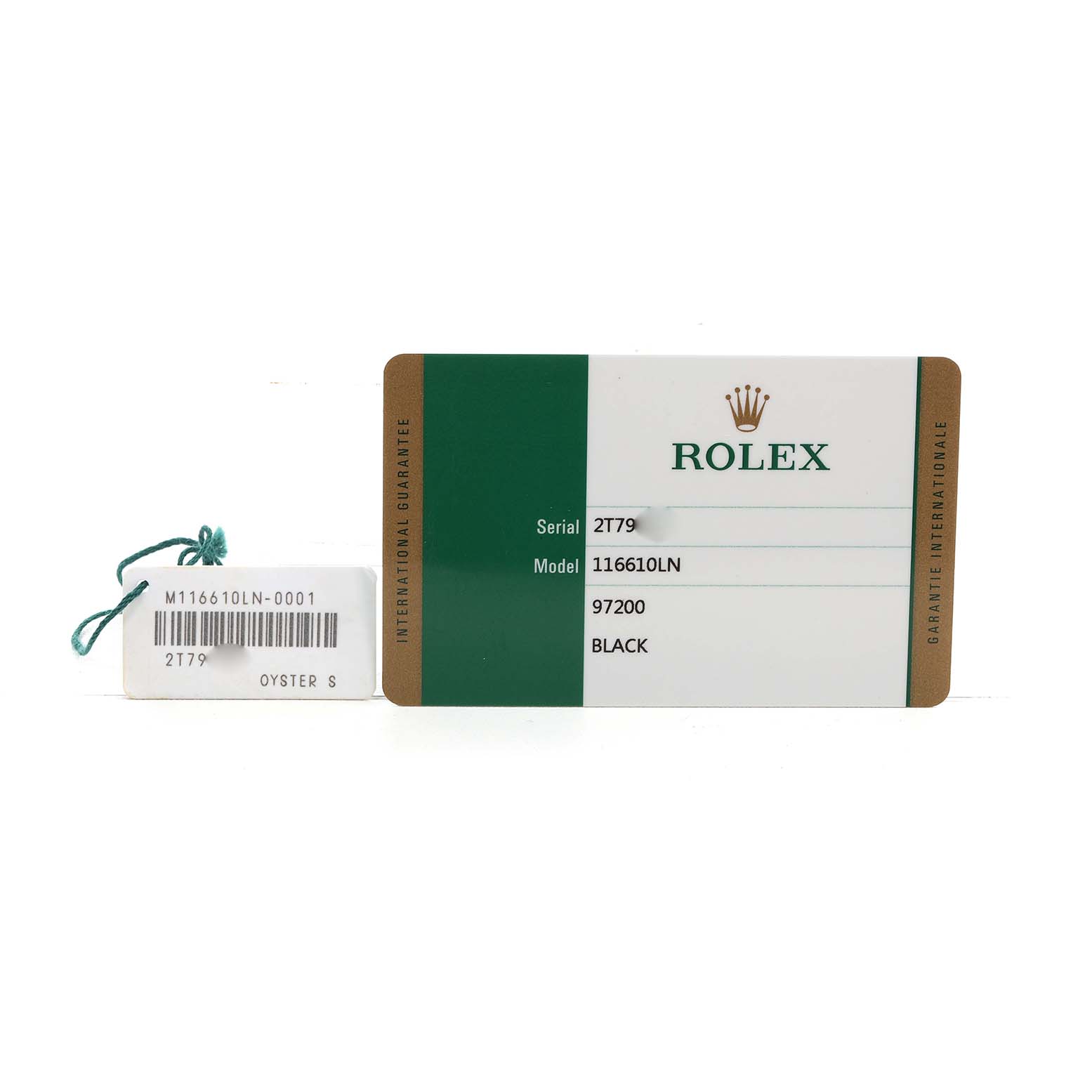 This image shows a Rolex Submariner 116610 Men's Stainless Steel Black Dial model 116610LN warranty card and a tag with its serial number.