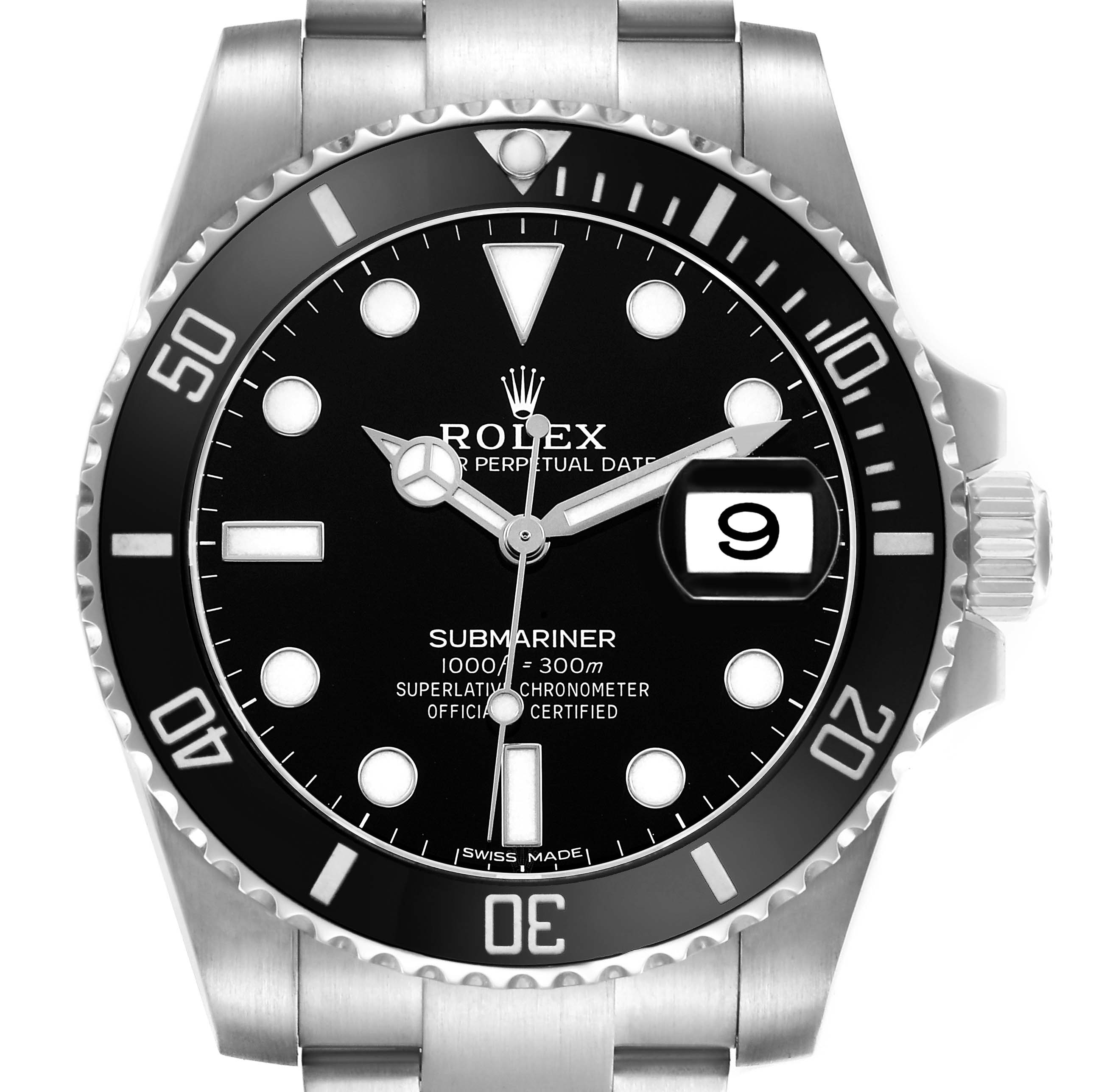 The image shows a front view of the Rolex Submariner 116610 Men's Stainless Steel Black Dial watch, highlighting the dial, bezel, and crown.