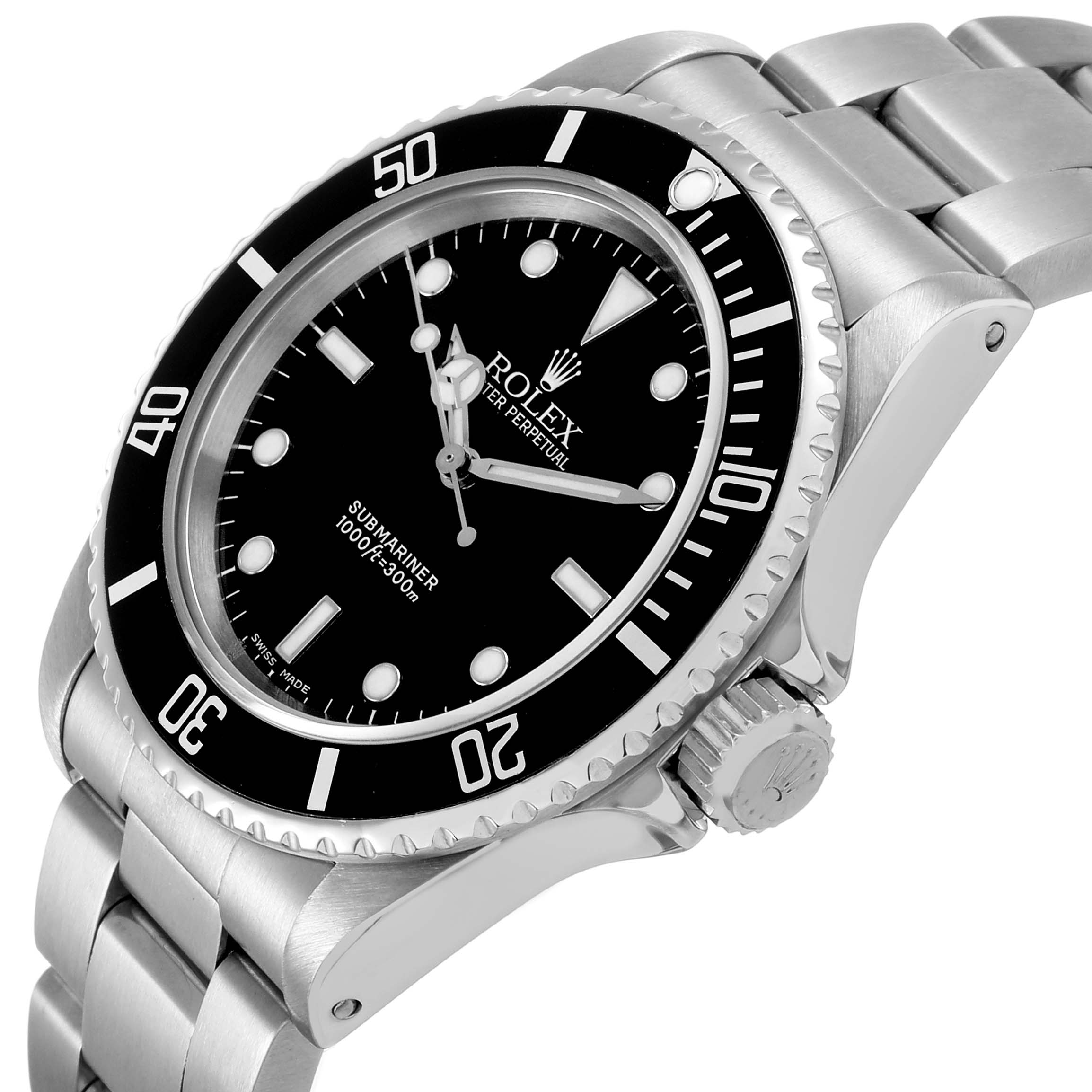 The Rolex Submariner 14060 Men's Stainless Steel Black Dial watch is shown at an angled view featuring its bezel, crown, dial, and part of the bracelet.