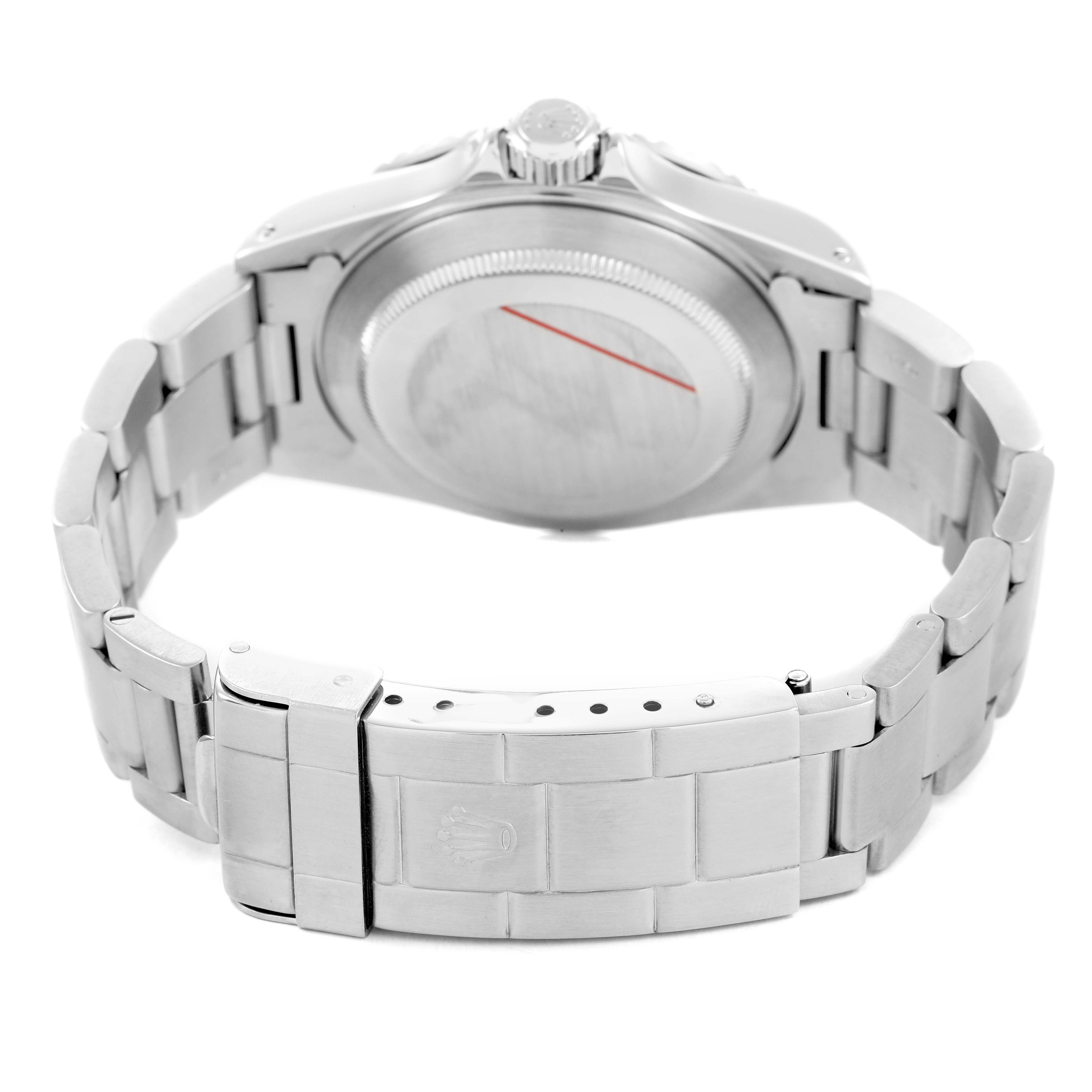 The image shows the back and bracelet of a Rolex Submariner 14060 Men's Stainless Steel Black Dial, highlighting the clasp and case back.