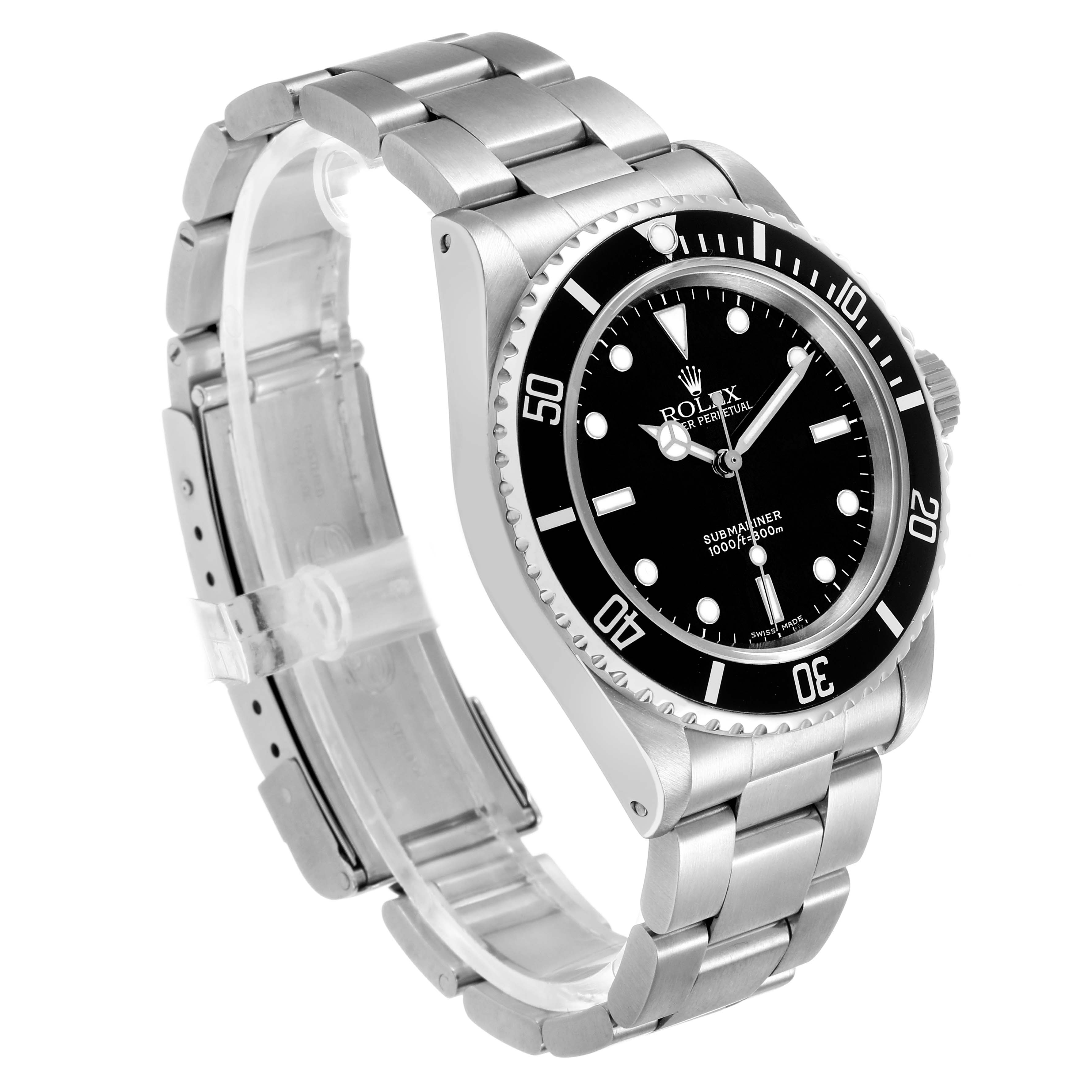 The Rolex Submariner 14060 Men's Stainless Steel Black Dial watch is shown at a three-quarter angle, highlighting the dial, bezel, and bracelet.