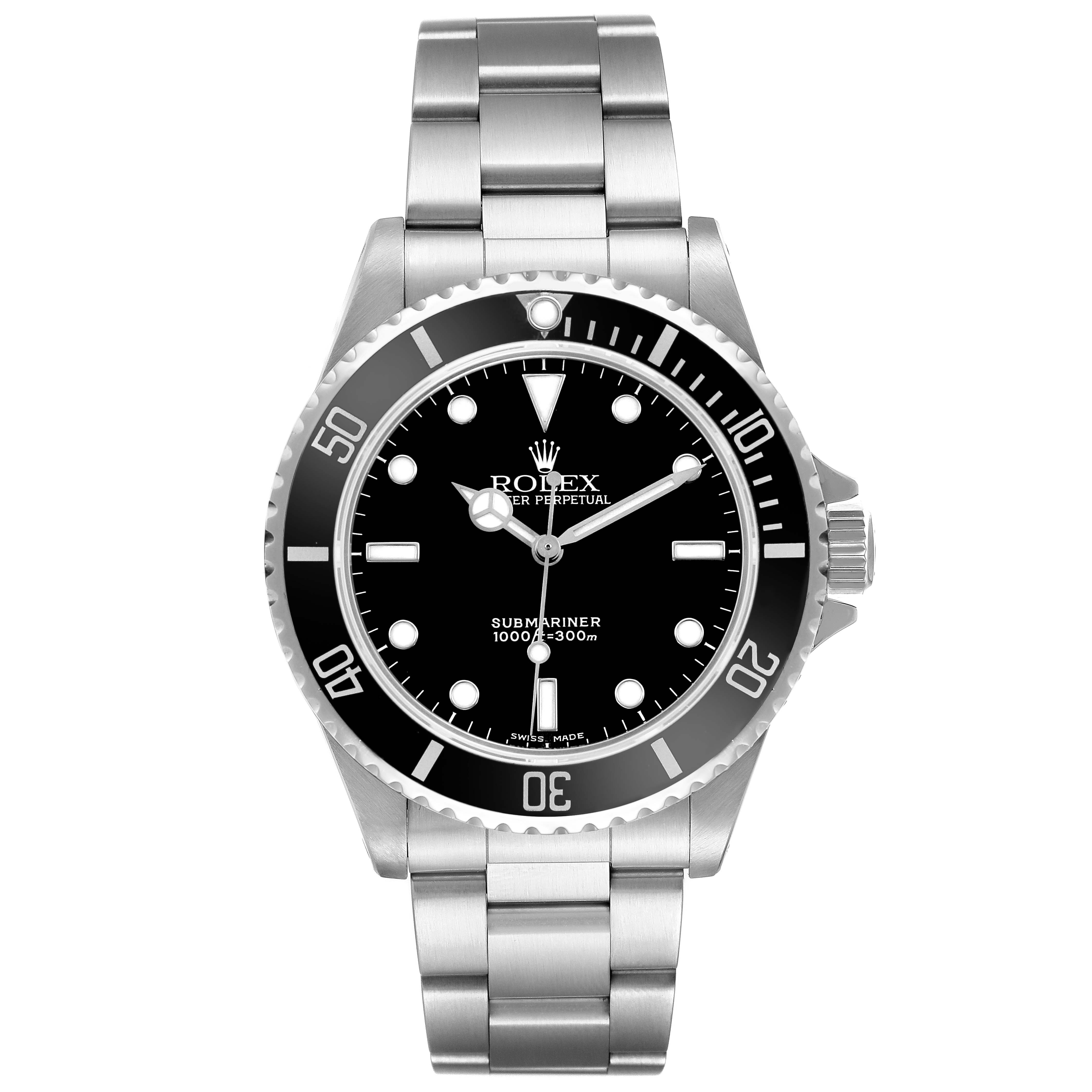 The Rolex Submariner 14060 Men's Stainless Steel Black Dial is shown from the front, displaying the dial, bezel, case, and bracelet.