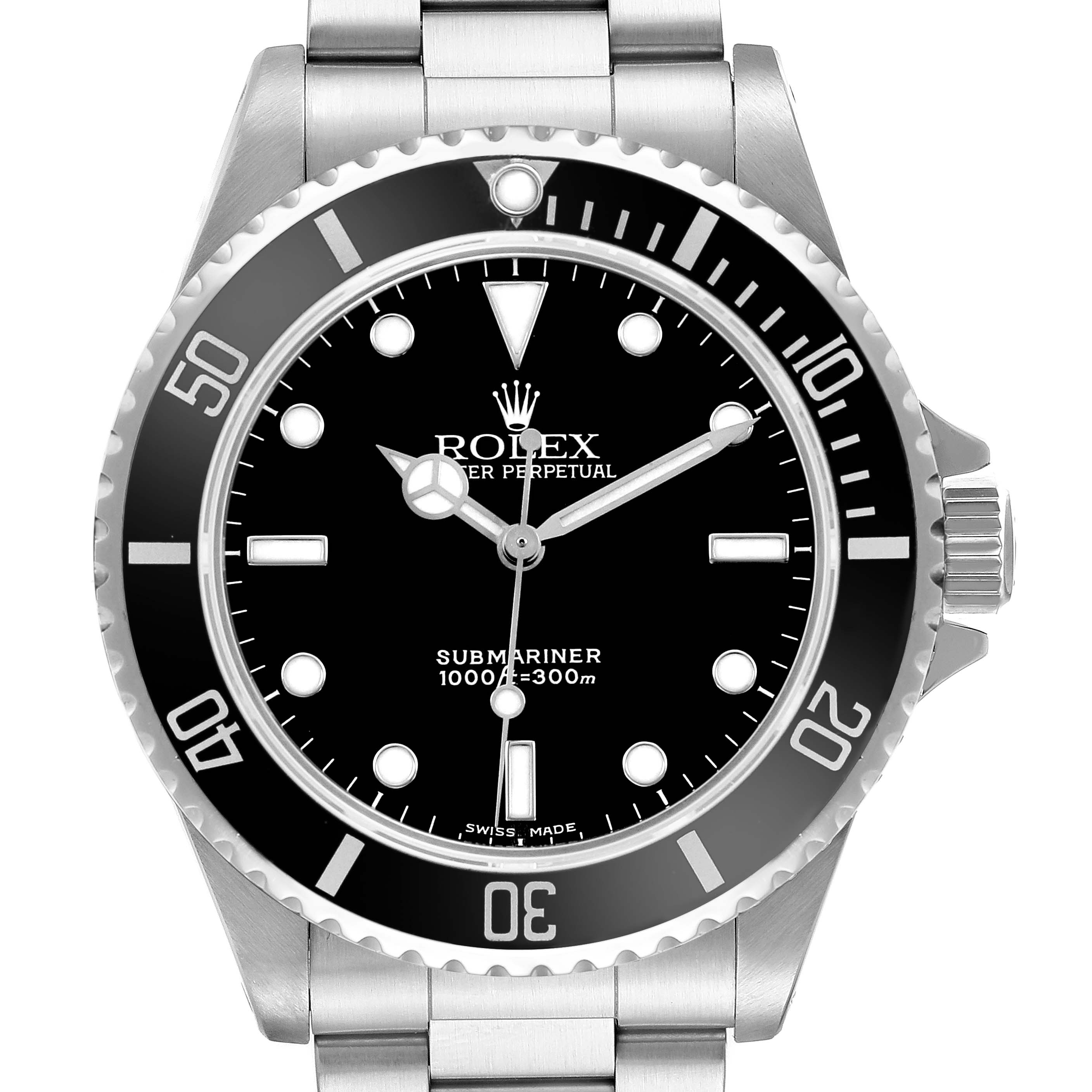 The Rolex Submariner 14060 Men's Stainless Steel Black Dial watch is shown from a front angle, highlighting the dial, bezel, and part of the bracelet.