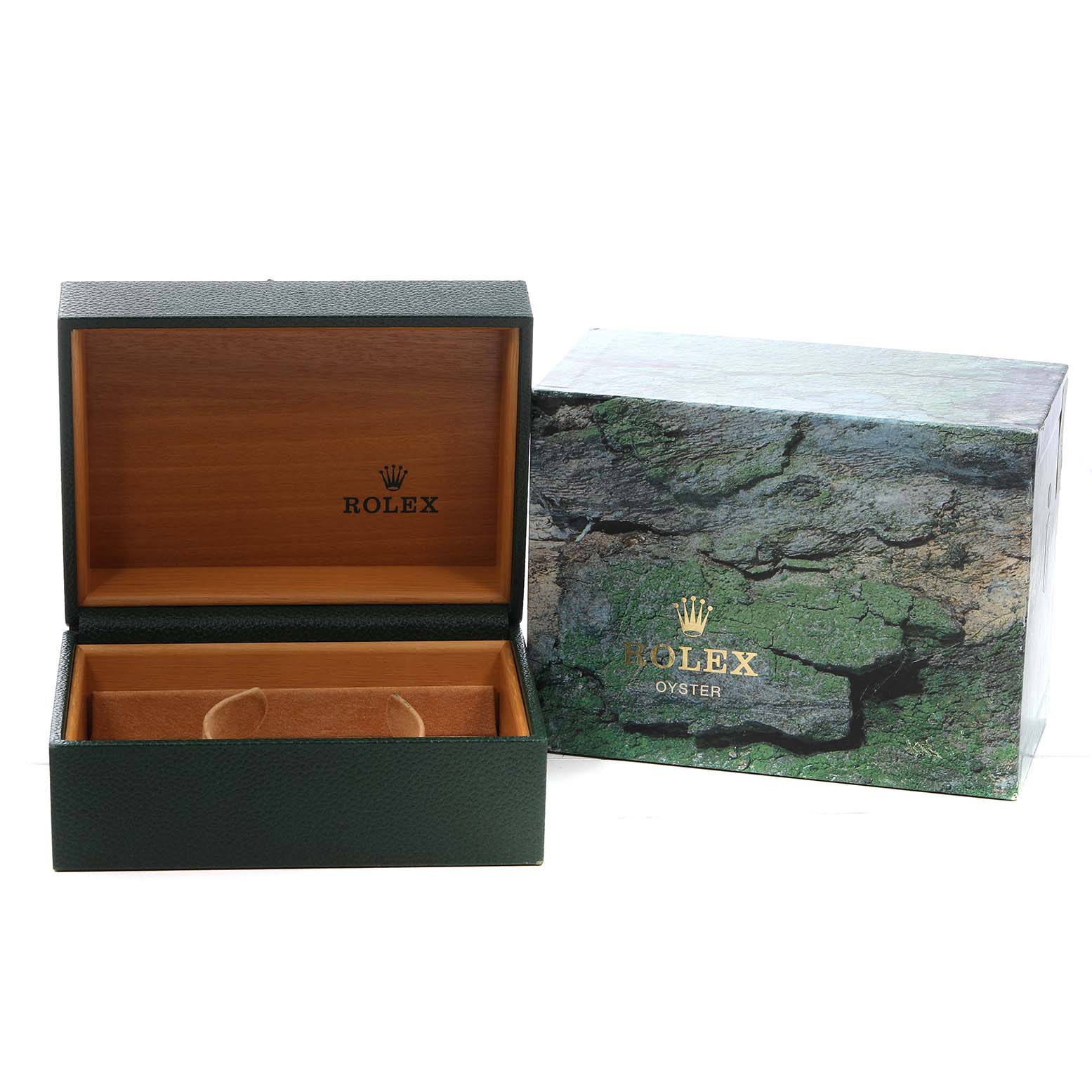 The image shows an open Rolex Submariner 14060 Men's Stainless Steel Black Dial watch box and its outer packaging, with a green and wood interior design.