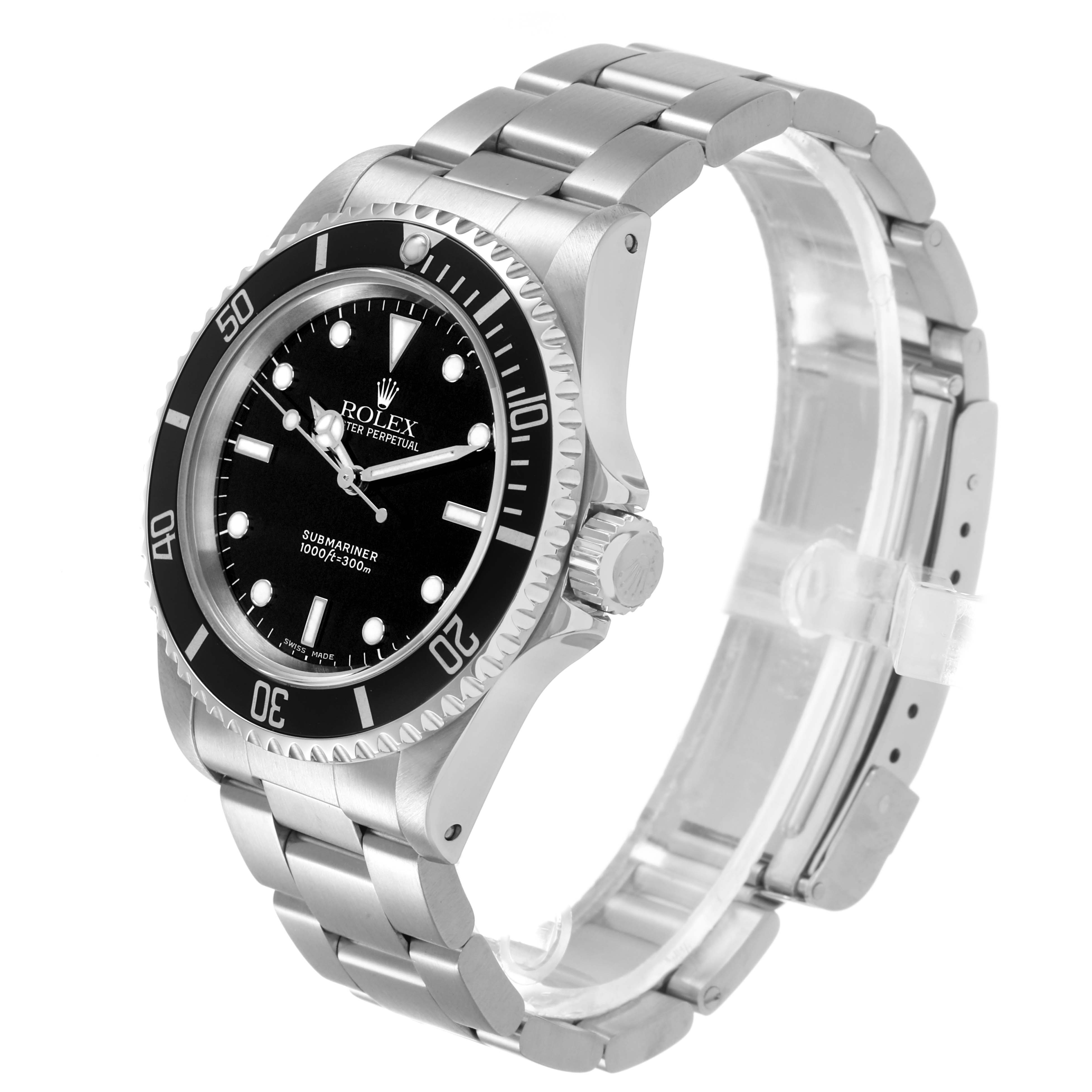 The Rolex Submariner 14060 Men's Stainless Steel Black Dial watch is shown at a three-quarter angle, displaying the face, bezel, crown, and bracelet.