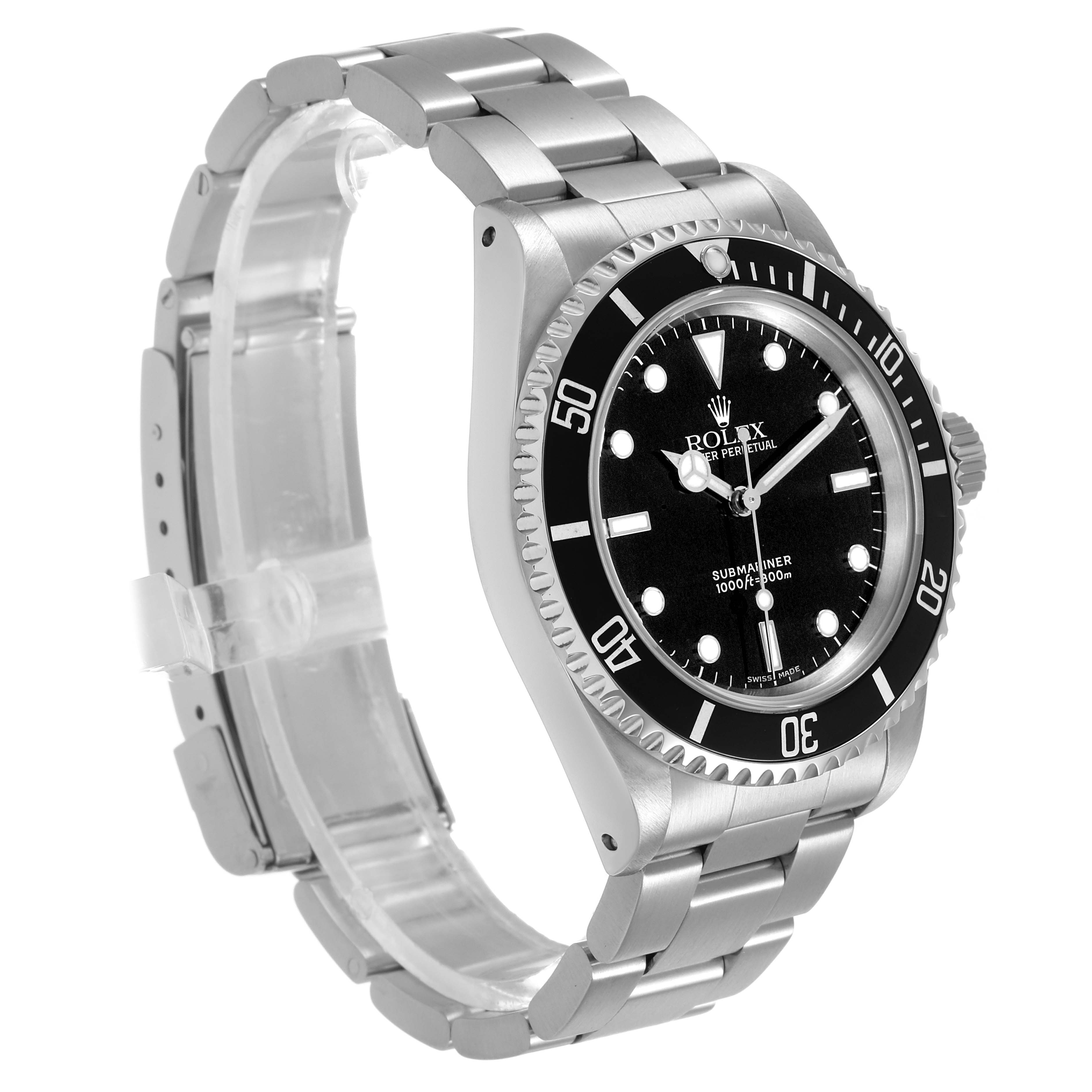 The Rolex Submariner 14060 Men's Stainless Steel Black Dial watch is shown at a three-quarter angle, highlighting the face, bezel, bracelet, and crown.
