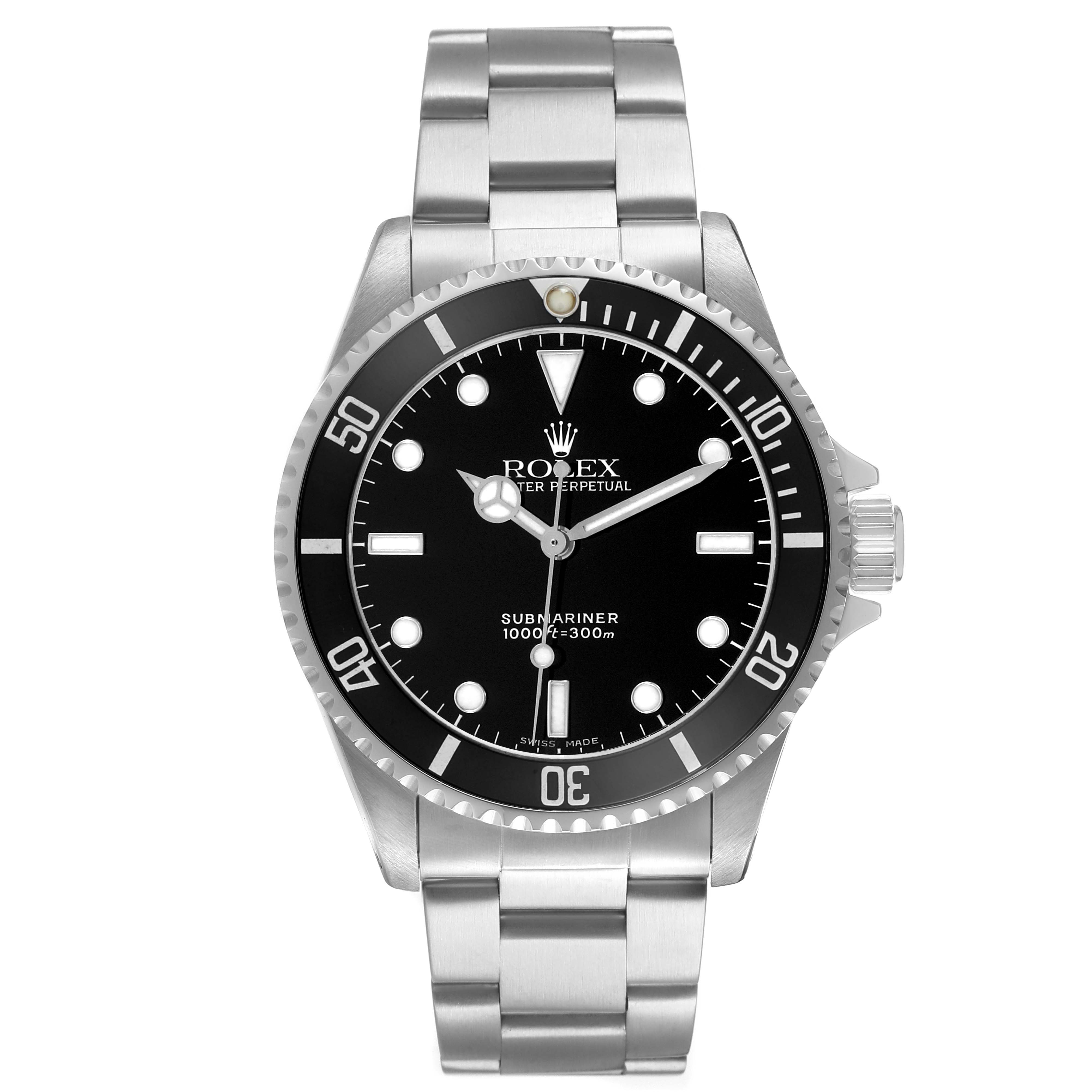 The image shows a Rolex Submariner 14060 Men's Stainless Steel Black Dial watch from a front angle, displaying its bezel, dial, hands, and bracelet.