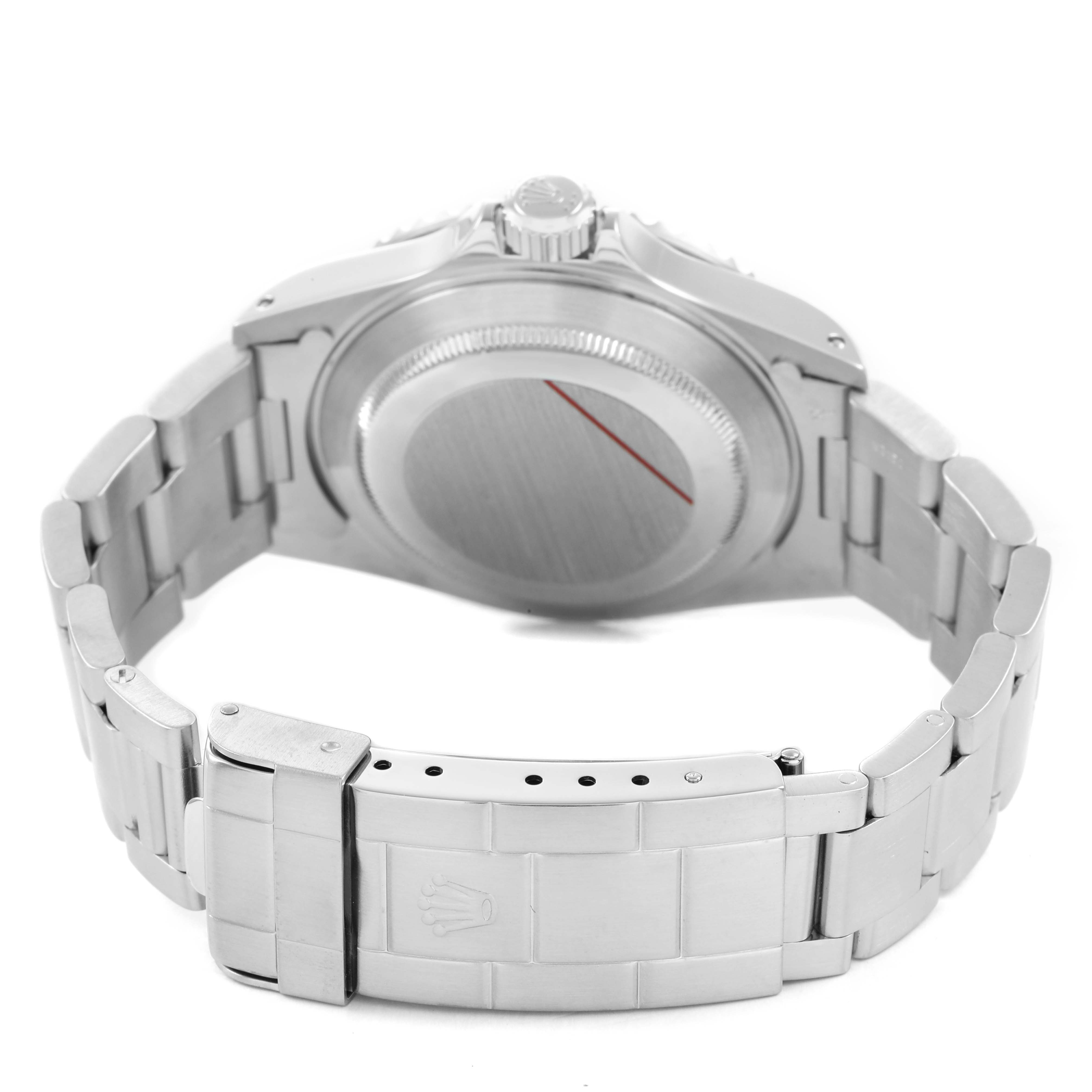 The image shows the back of a Rolex Submariner 14060 Men's Stainless Steel Black Dial watch, featuring the case back, bracelet, and clasp.