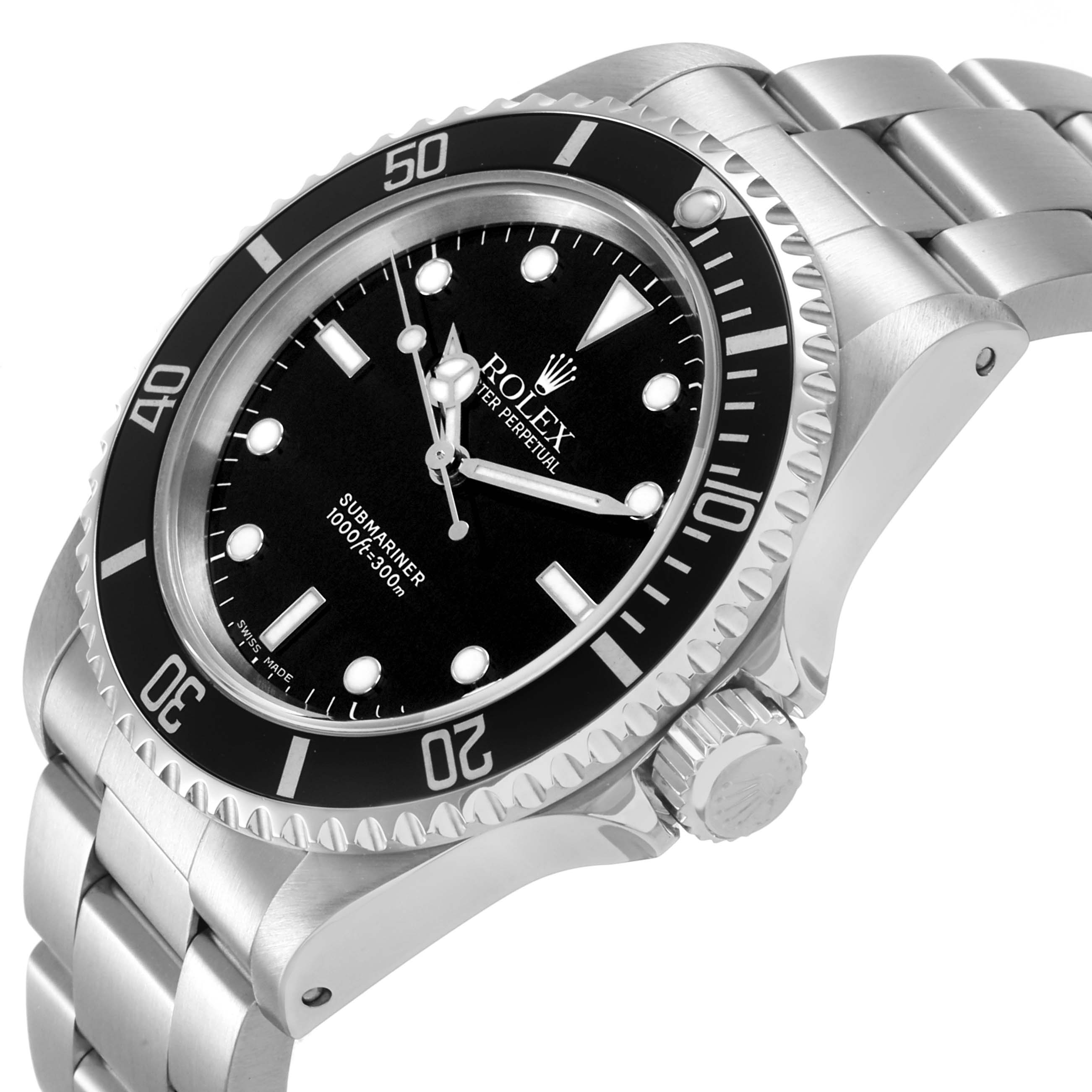 The Rolex Submariner 14060 Men's Stainless Steel Black Dial is shown at an angled side view, highlighting the bezel, dial, case, crown, and bracelet.