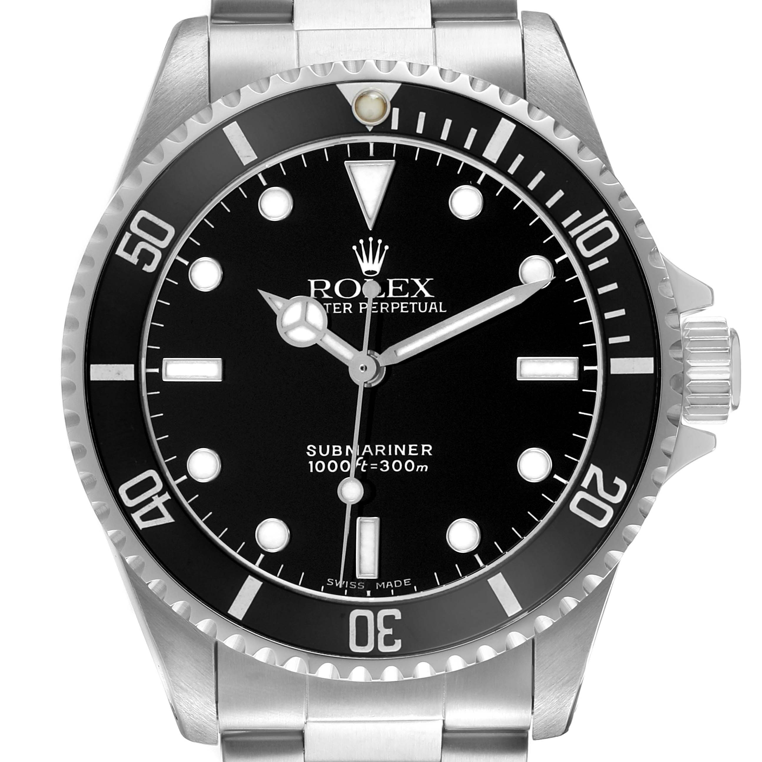 The image shows a front view of the Rolex Submariner 14060 Men's Stainless Steel Black Dial, highlighting its black dial, bezel, and stainless steel bracelet.