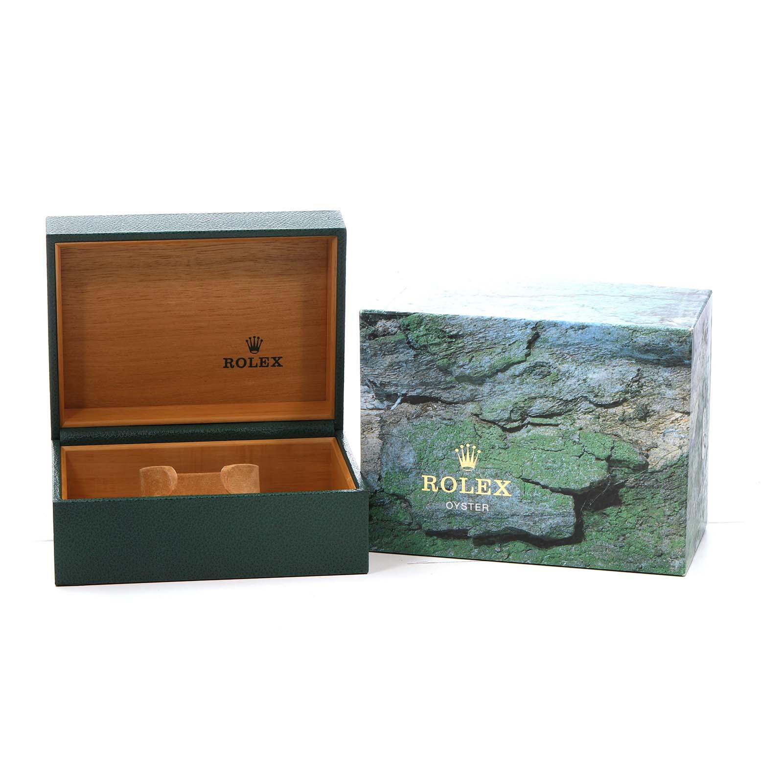 The image shows an open Rolex Submariner 14060 Men's Stainless Steel Black Dial watch box and its outer packaging from a front angle.