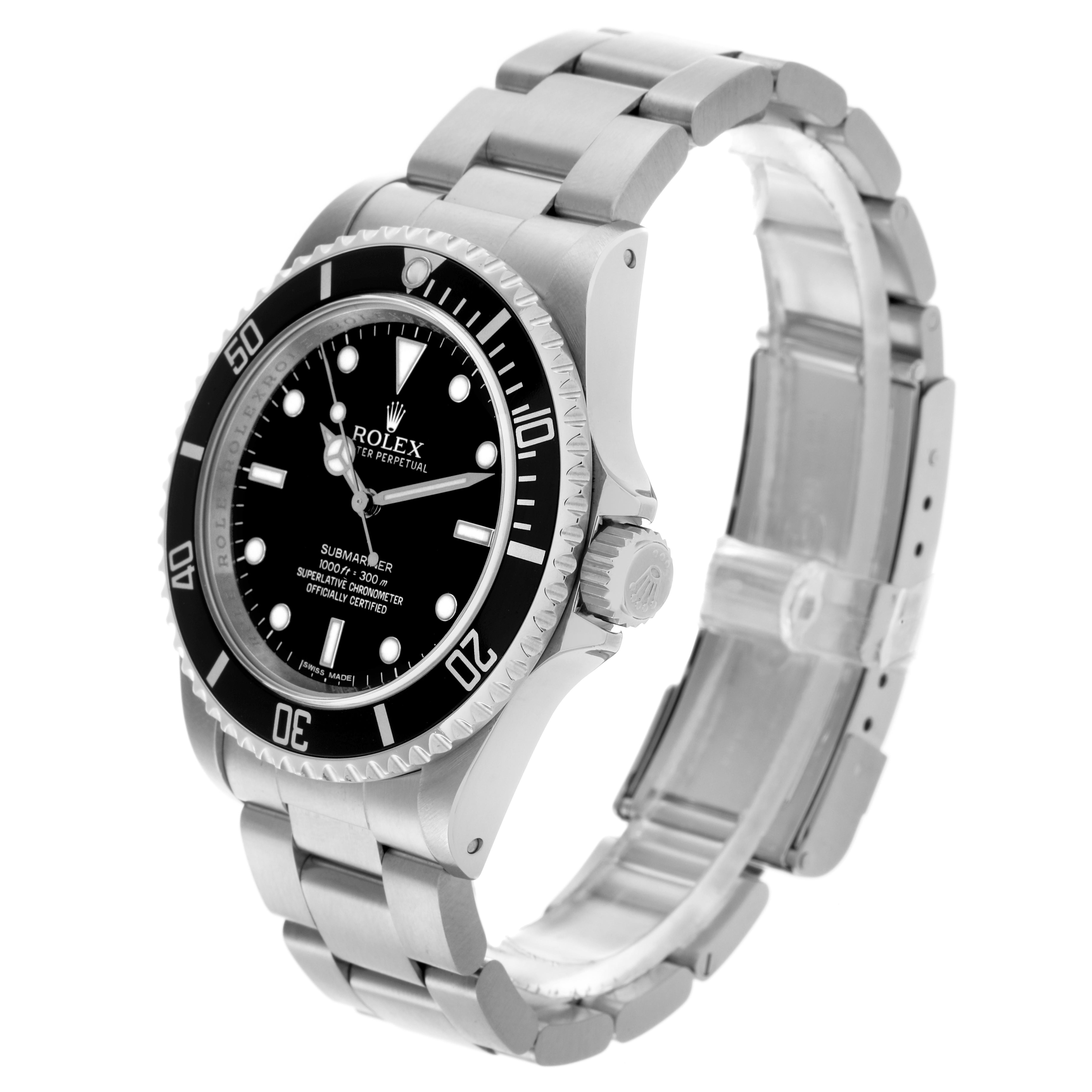 The Rolex Submariner 14060M Men
s Stainless Steel Black Dial 14060M Men
s Stainless Steel Black Dial watch is shown at a three-quarter view, displaying the bezel, dial, case, and bracelet.