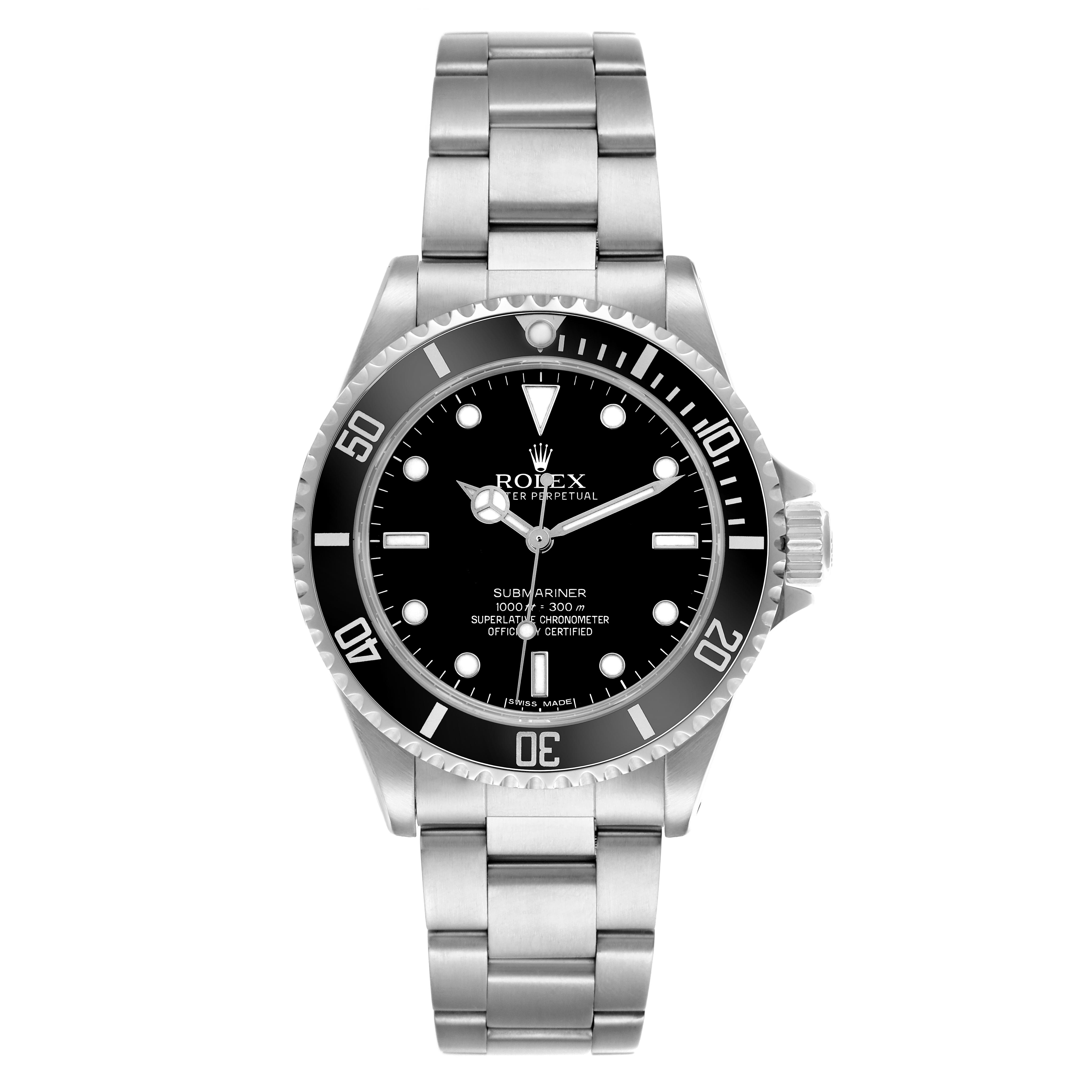 The Rolex Submariner 14060M Men
s Stainless Steel Black Dial 14060M Men
s Stainless Steel Black Dial watch is shown from a front angle, displaying the dial, bezel, and bracelet.