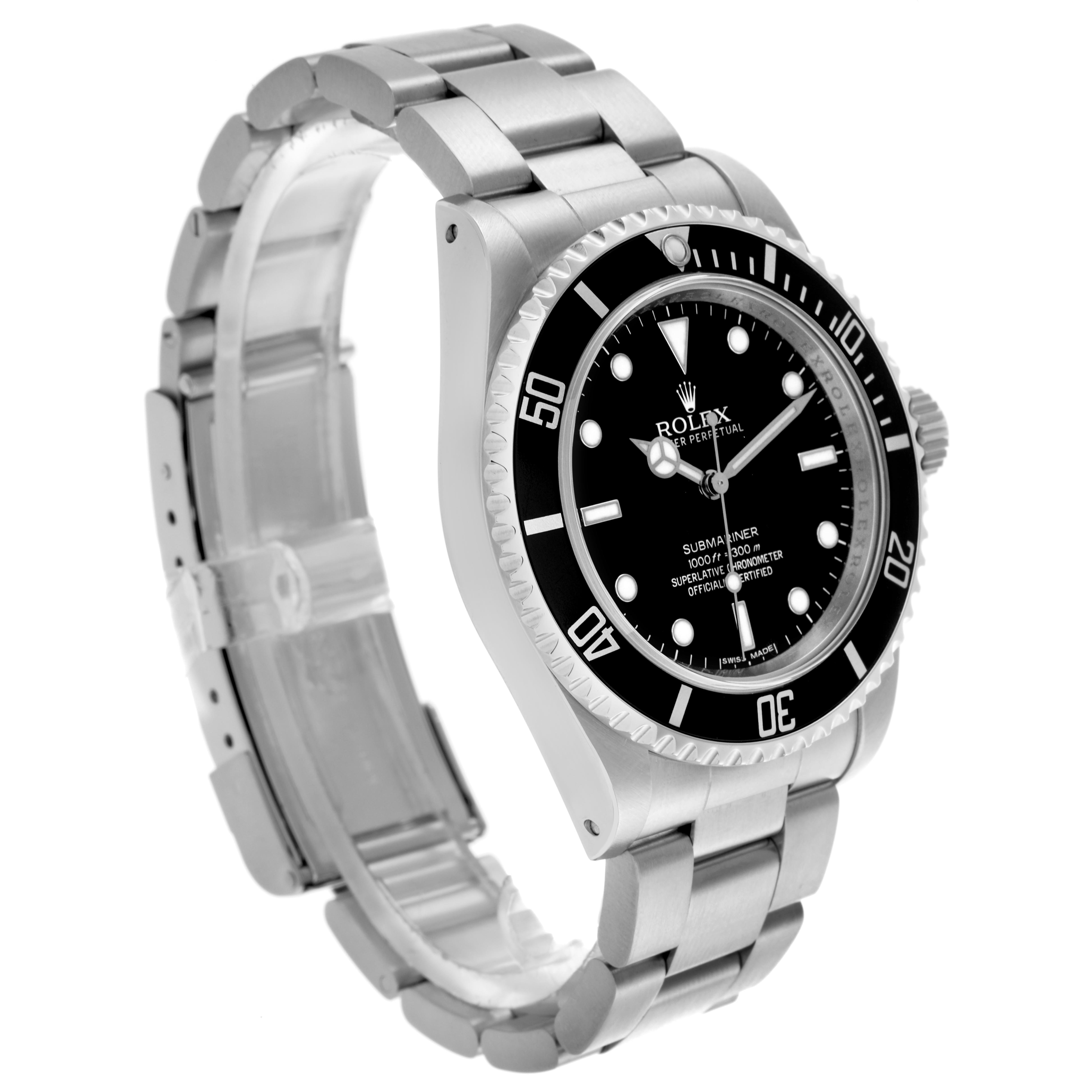 The image shows a Rolex Submariner 14060M Men
s Stainless Steel Black Dial 14060M Men
s Stainless Steel Black Dial watch from an angled side view, highlighting the bezel, dial, and stainless steel bracelet.