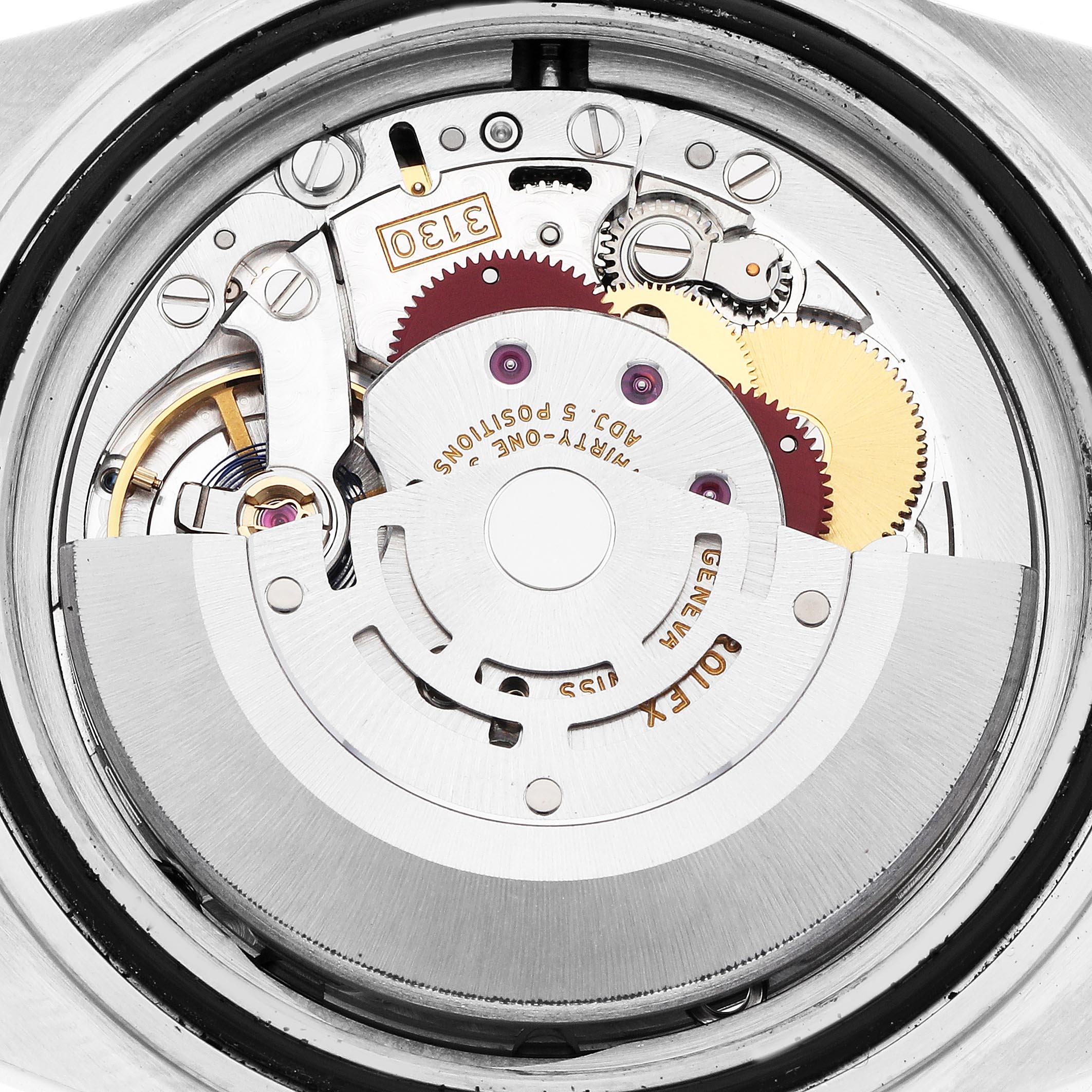 The image shows the intricate movement mechanism of a Rolex Submariner 14060M Men
s Stainless Steel Black Dial 14060M Men
s Stainless Steel Black Dial model from a back view angle.