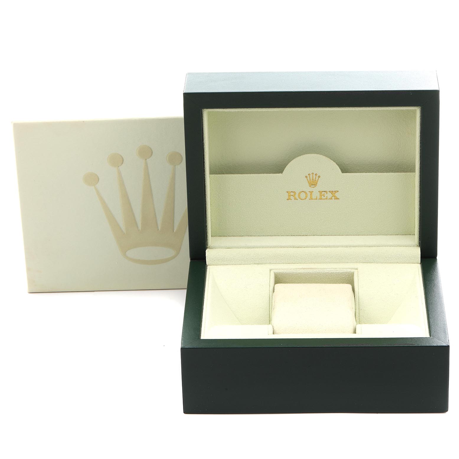 The image displays the open box for a Rolex Submariner 14060M Men
s Stainless Steel Black Dial 14060M Men
s Stainless Steel Black Dial, showing the interior and logo.