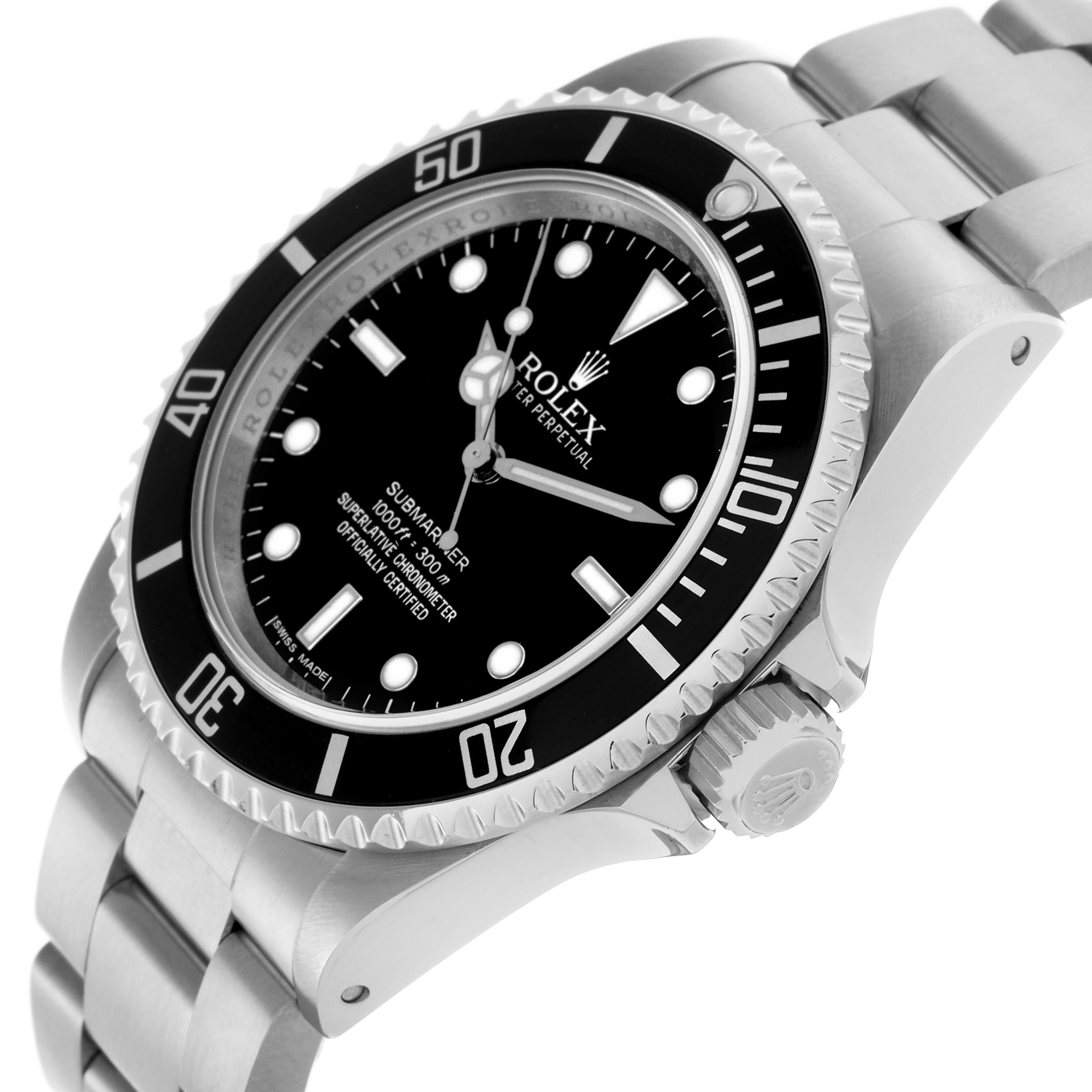 The image shows a Rolex Submariner 14060M Men
s Stainless Steel Black Dial 14060M Men
s Stainless Steel Black Dial watch at an angled side view, highlighting the face, bezel, crown, and bracelet.