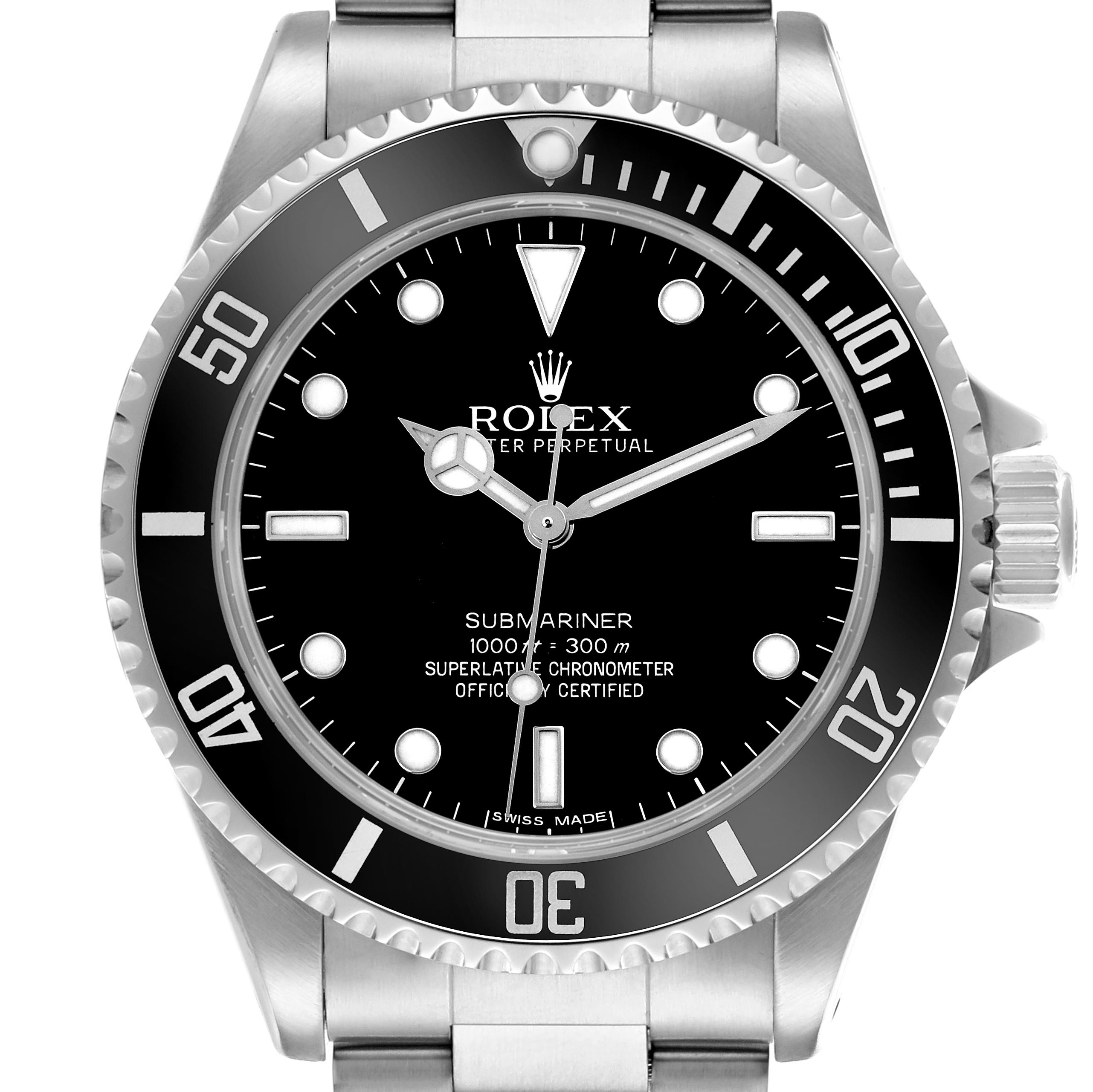 The Rolex Submariner 14060M Men
s Stainless Steel Black Dial 14060M Men
s Stainless Steel Black Dial watch is shown from the front, displaying its bezel, dial, hands, markers, crown, and a portion of the bracelet.